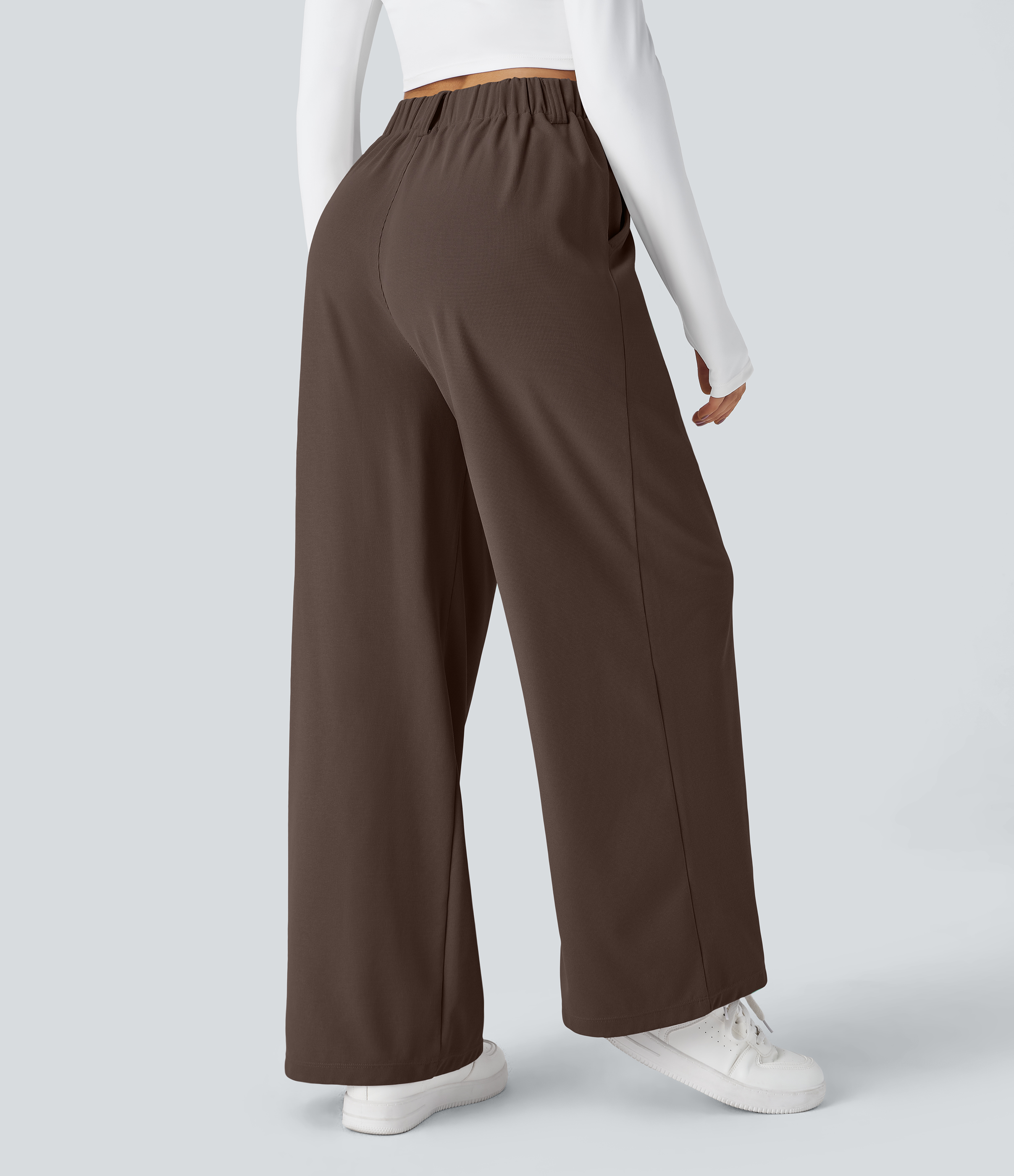 Chocolate Martini Halara Flex™ dehnbare Stoffhose mit hohem Bund, Waffelmuster, Seitentaschen und weitem Bein / 2
