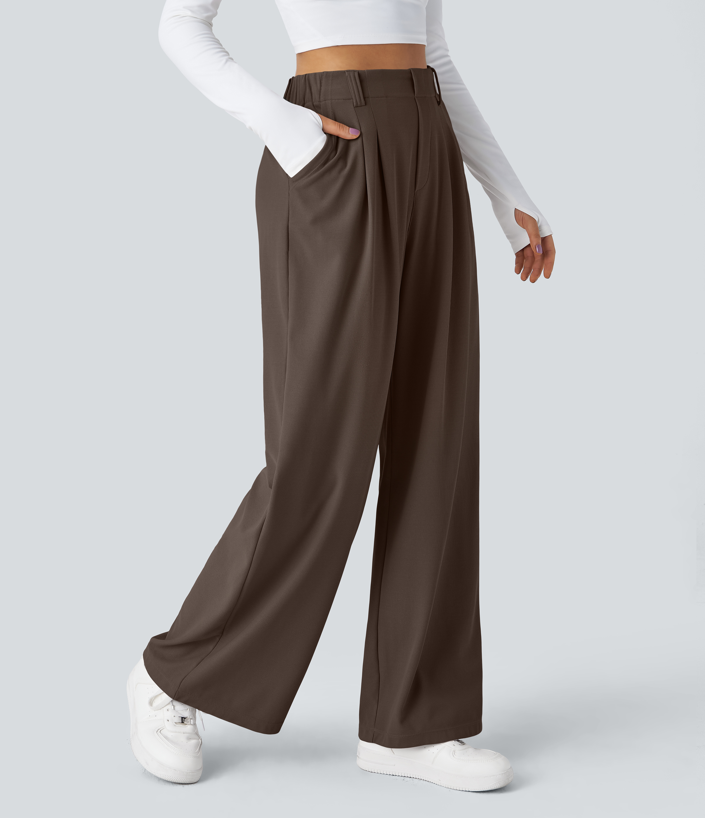 Pantalones Halara Flex™ de oficina anchos plisados de tiro alto con bolsillos en tela tipo gofre