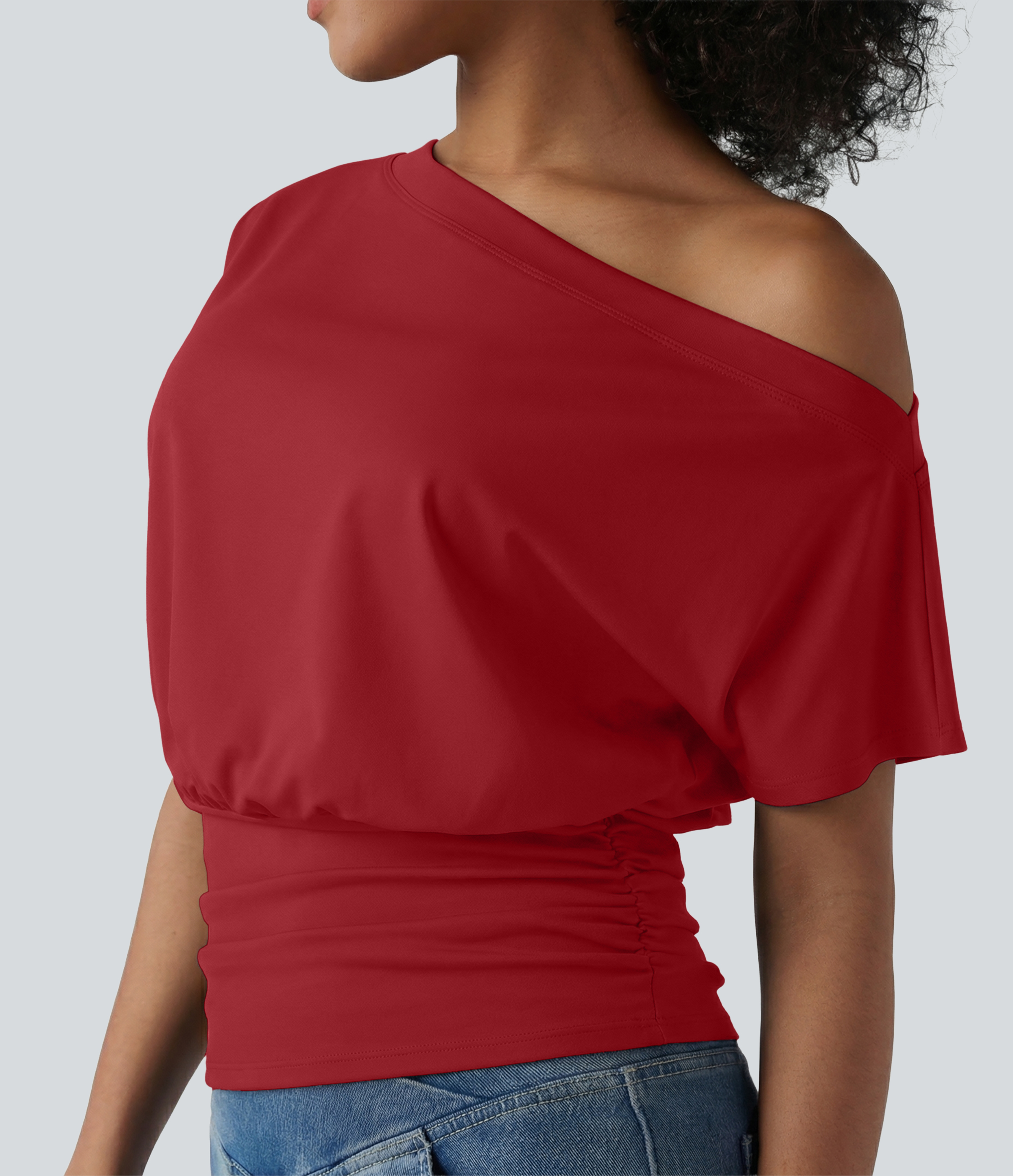 One Shoulder Short Sleeve Ruched Casual Top