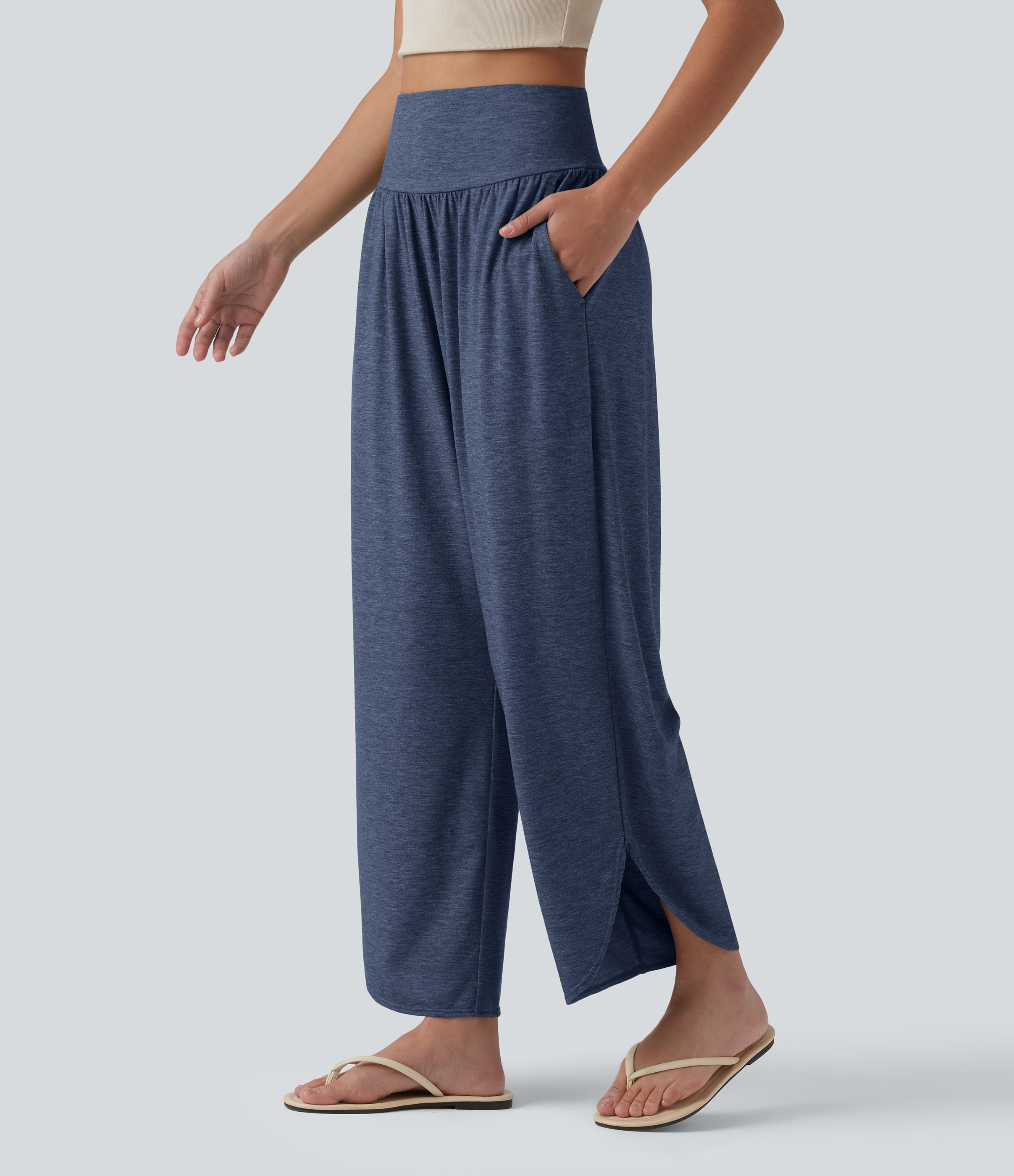 High Waisted Tummy Control Curved Hem Casual Pants with Pockets
