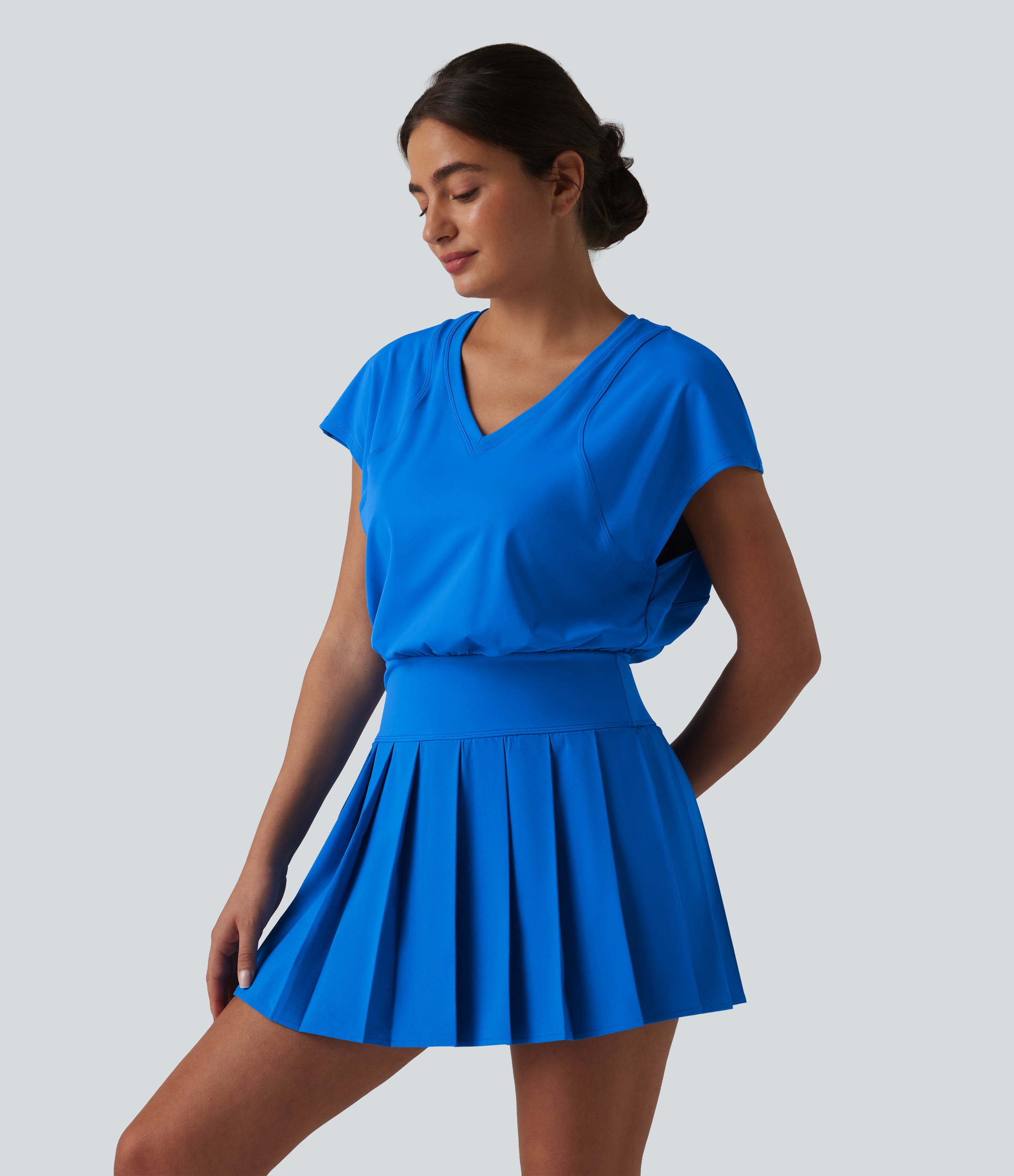 V-neck Invisible Zipper Short Sleeve Pleated Hem 2-in-1 Mini Tennis Active Dress with Pockets