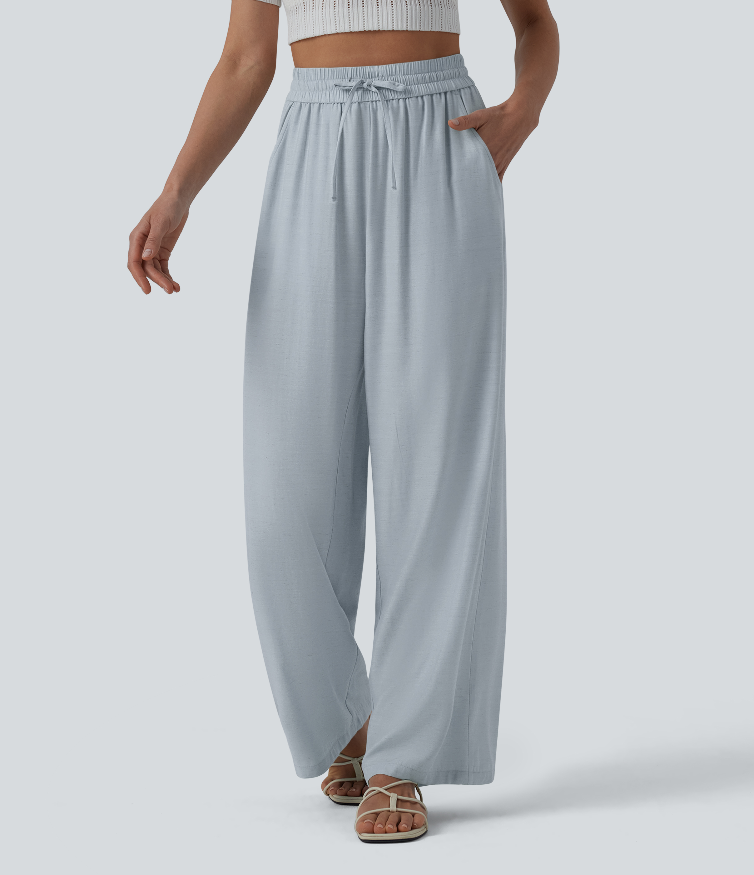 High Waisted Drawstring Wide Leg Casual Linen-Blend Trousers with Pockets