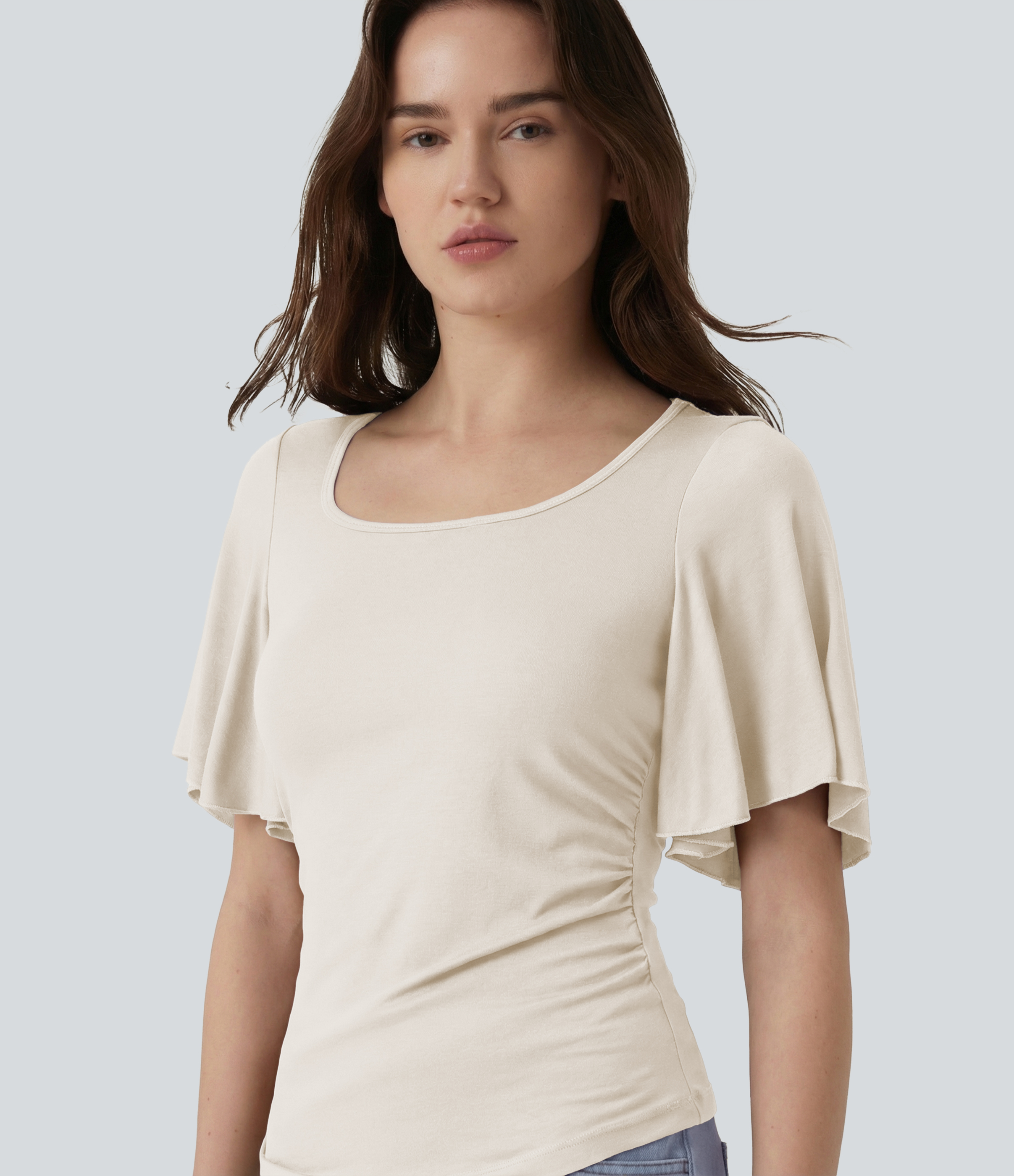 Ribbed Square Neck Butterfly Sleeve Ruched Casual T-Shirt