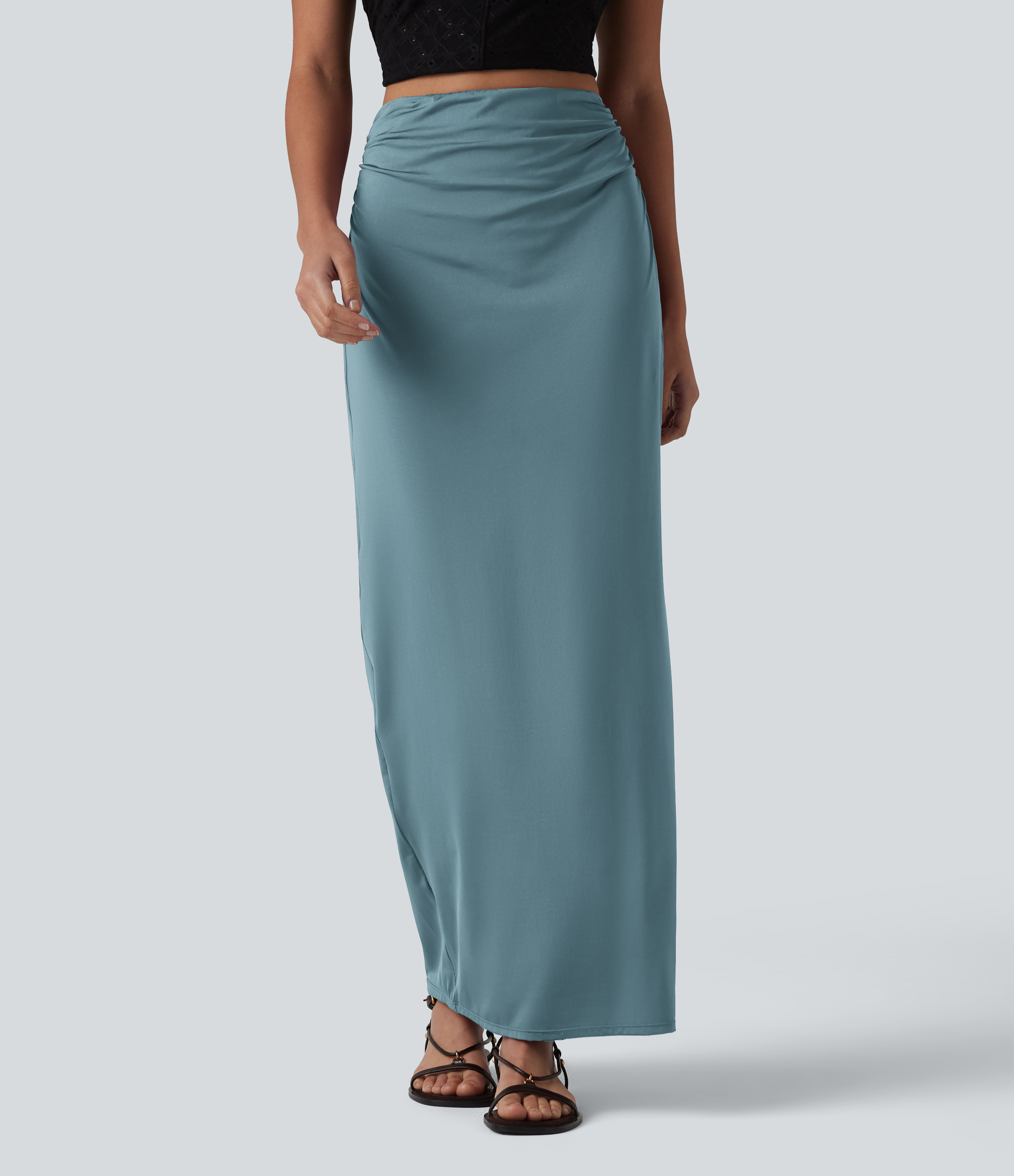 High Waisted Ruched Stretchy Satin-Like InstantCool Maxi Casual Pencil Skirt