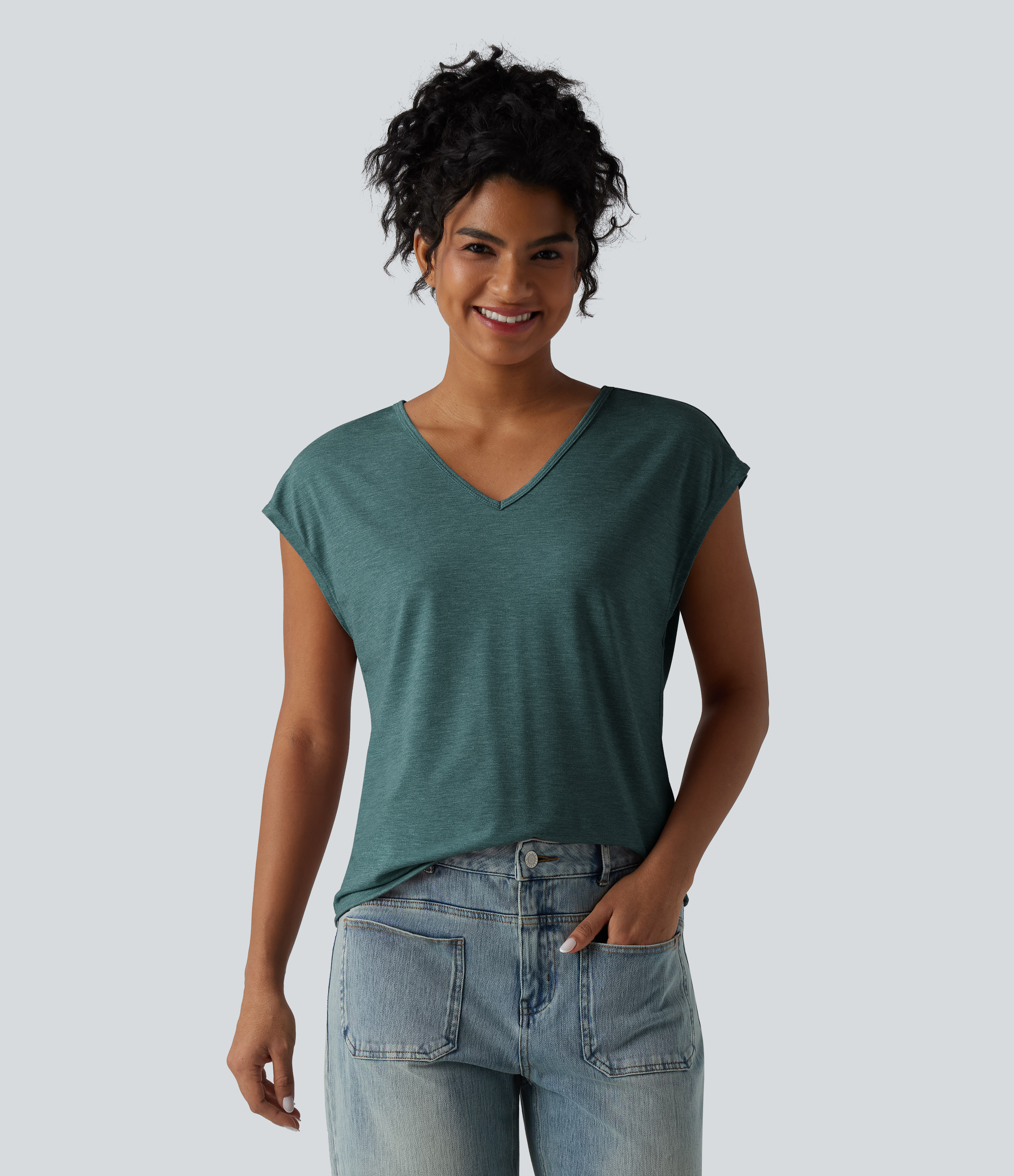 V-Ausschnitt, kurzärmeliges, entspannt geschnittenes meliertes Freizeit-T-Shirt