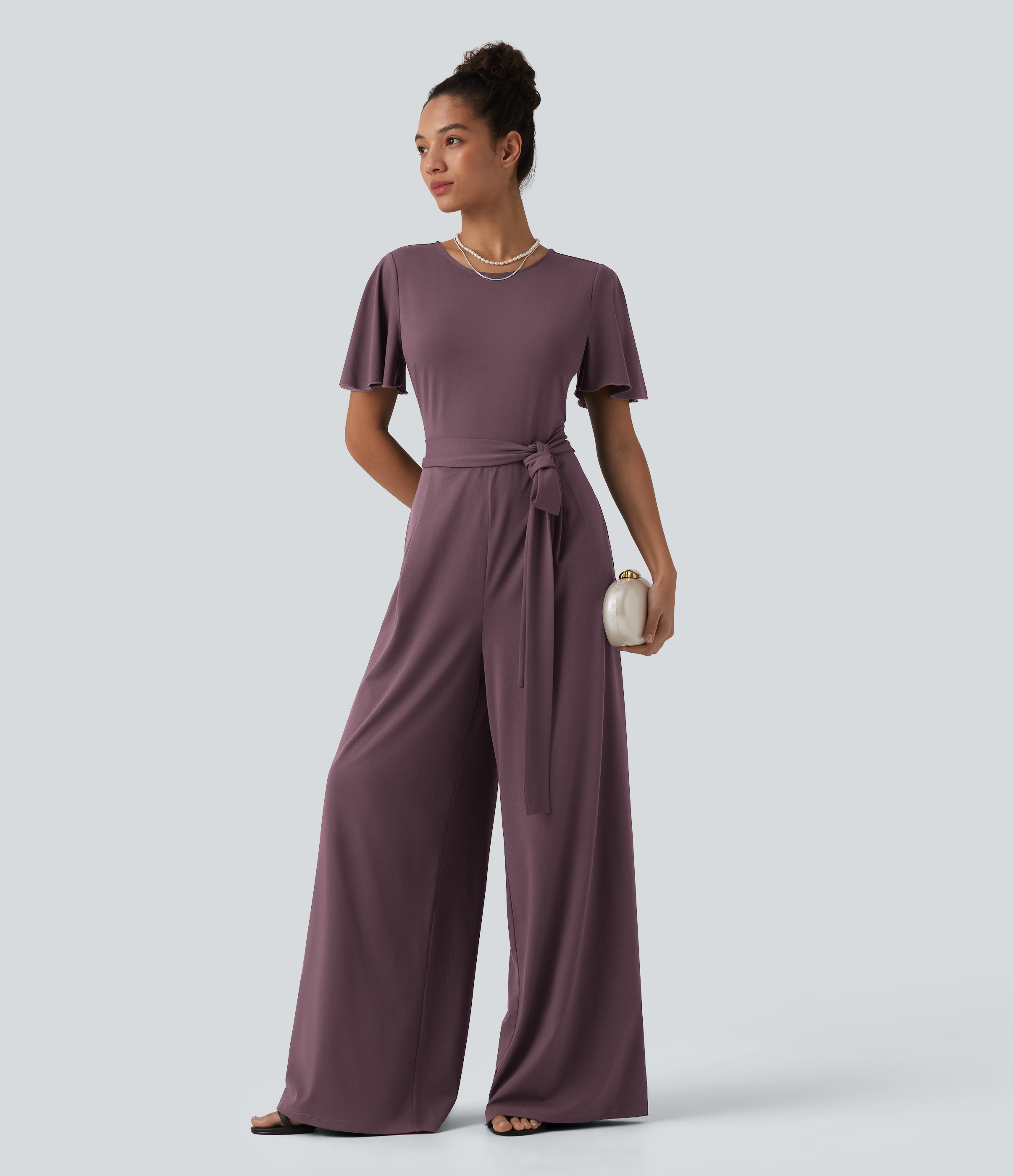 Round Neck Short Sleeve Tie Front Wide Leg Jumpsuit with Pockets-Easy Peezy Edition