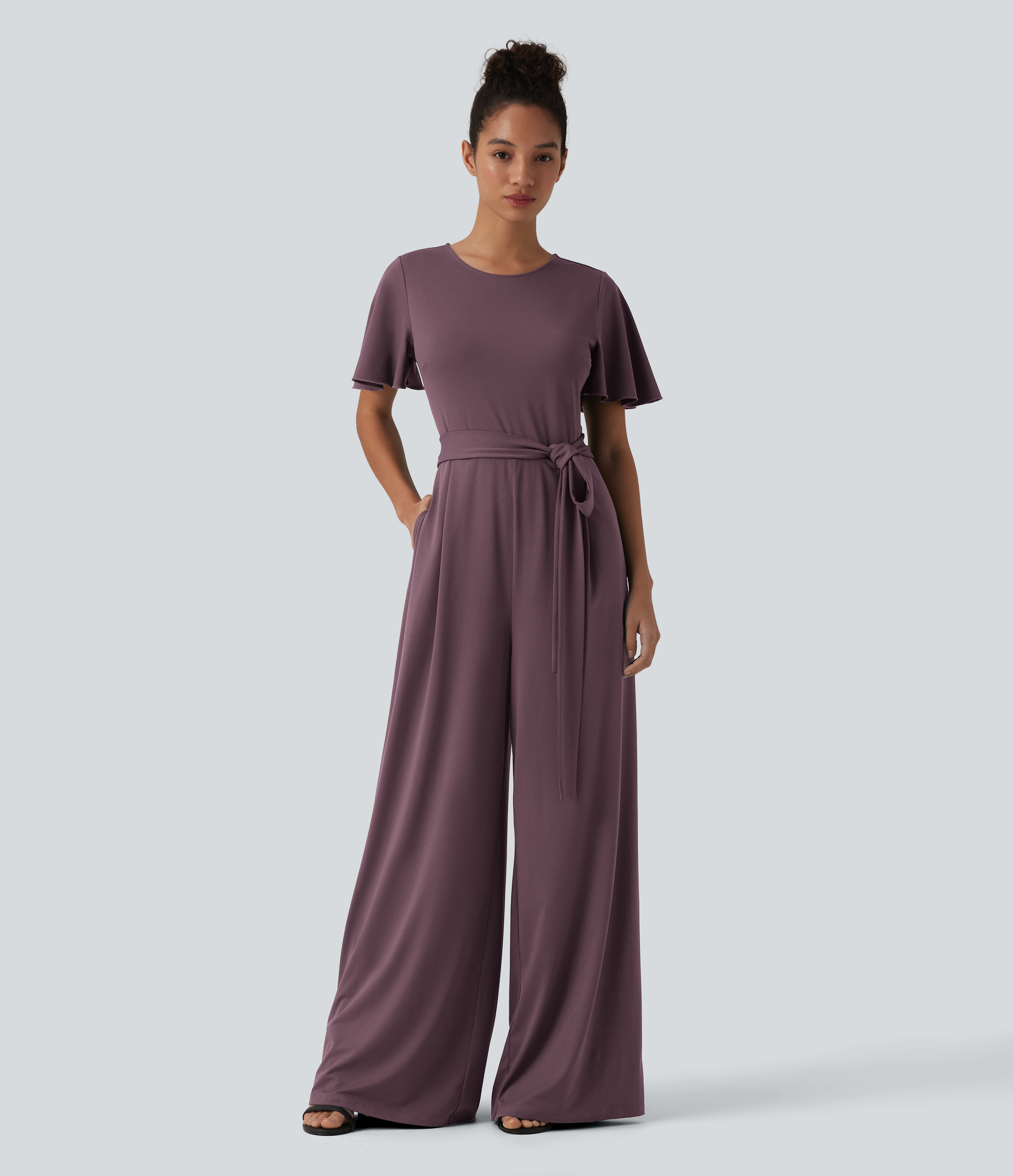 Women's Round Neck Short Sleeve Tie Front Wide Leg Jumpsuit with