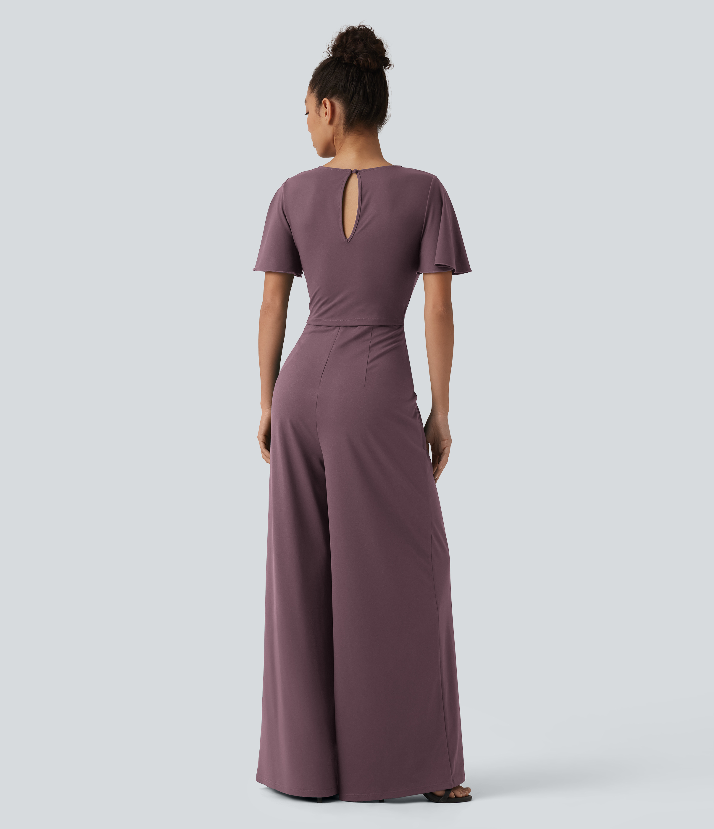 Plum Wine Round Neck Short Sleeve Tie Front Wide Leg Jumpsuit with Pockets-Easy Peezy Edition / 2