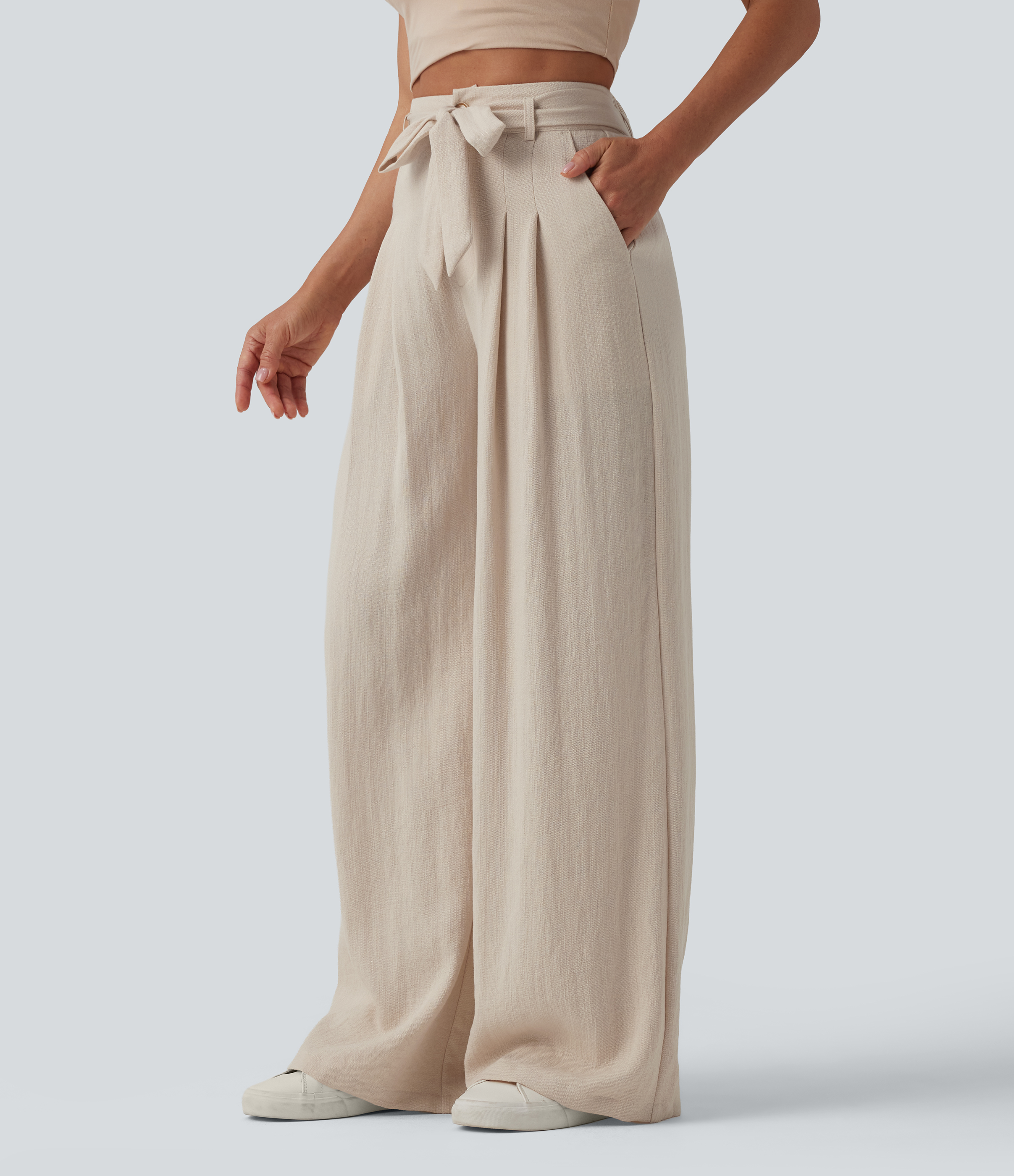 High Waisted Belted Linen-Feel Casual Baggy Pants with Pockets