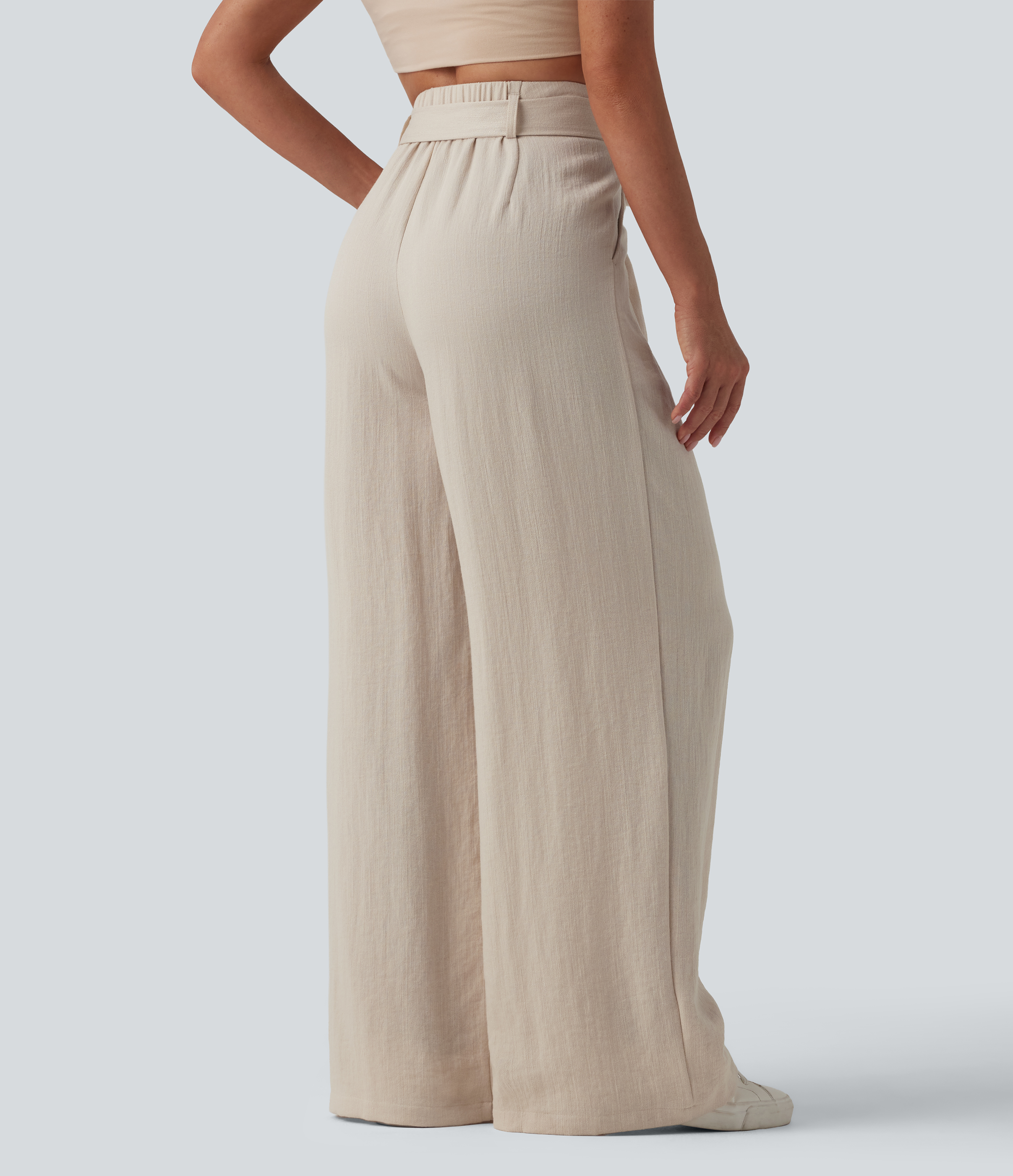 French Oak High Waisted Belted Linen-Feel Casual Baggy Pants with Pockets / 2