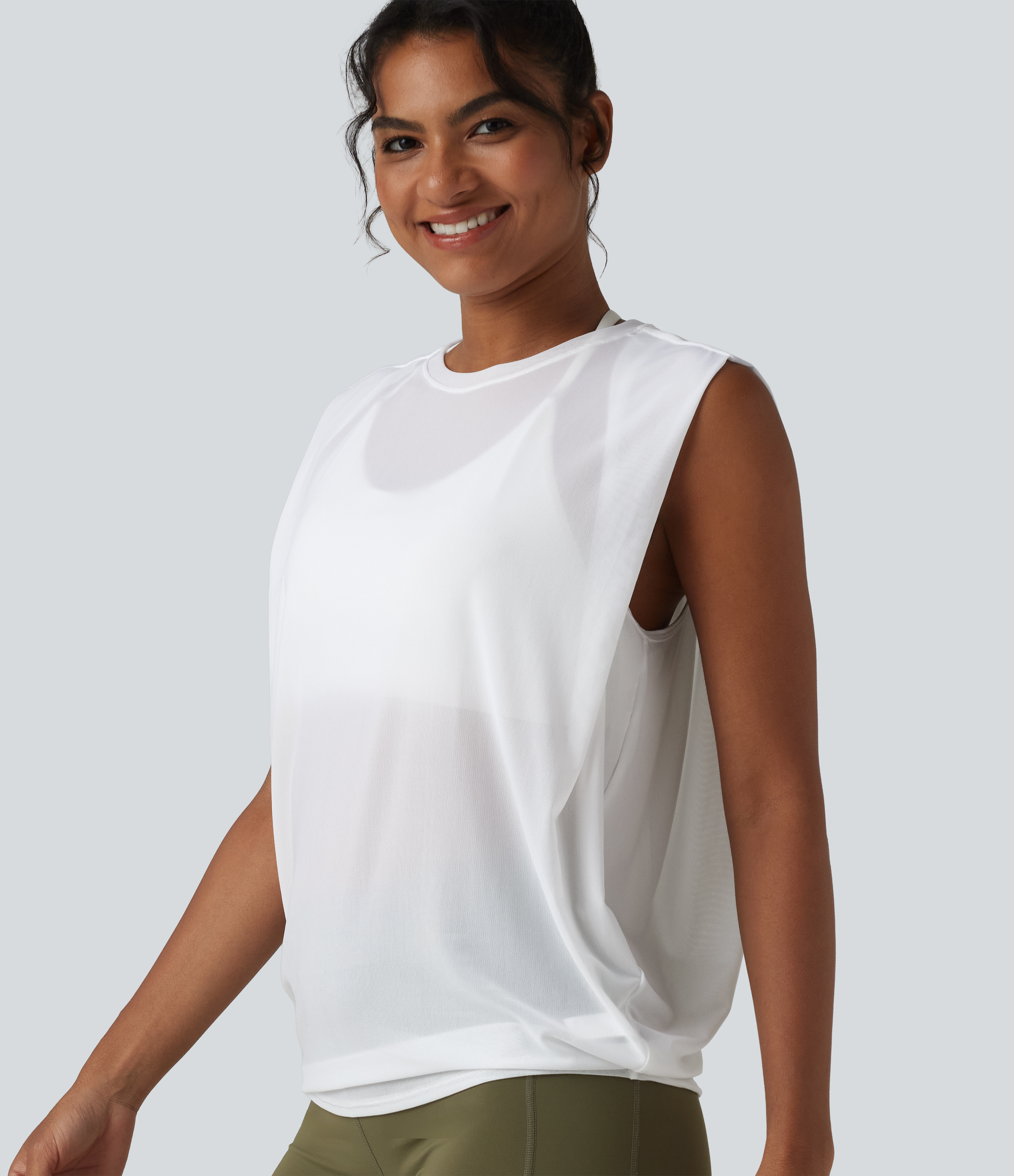 Sheer Mesh Round Neck Ruched Running Tank Top