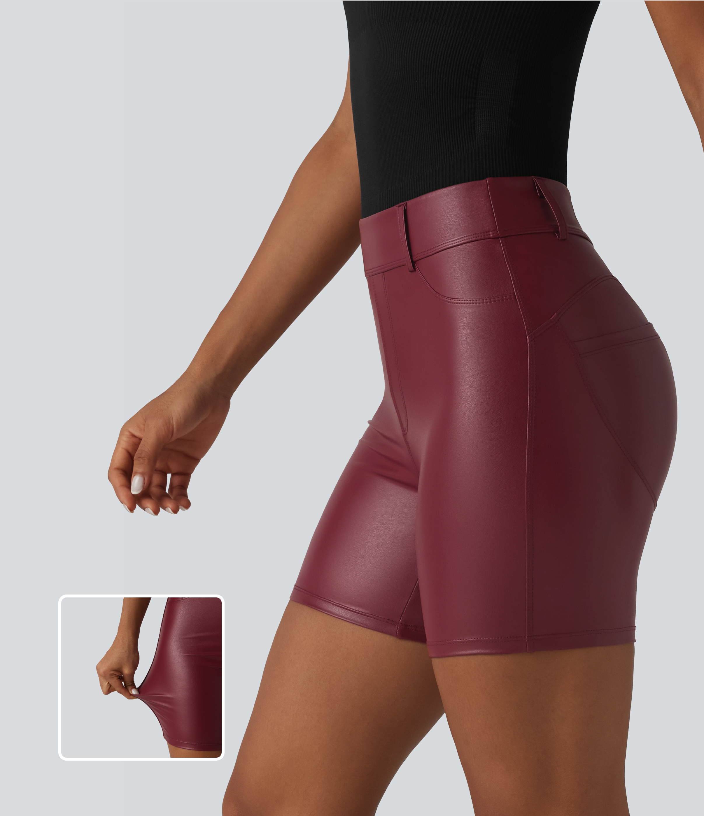 Short cycliste décontracté en PU extensible taille haute 5'' avec poches