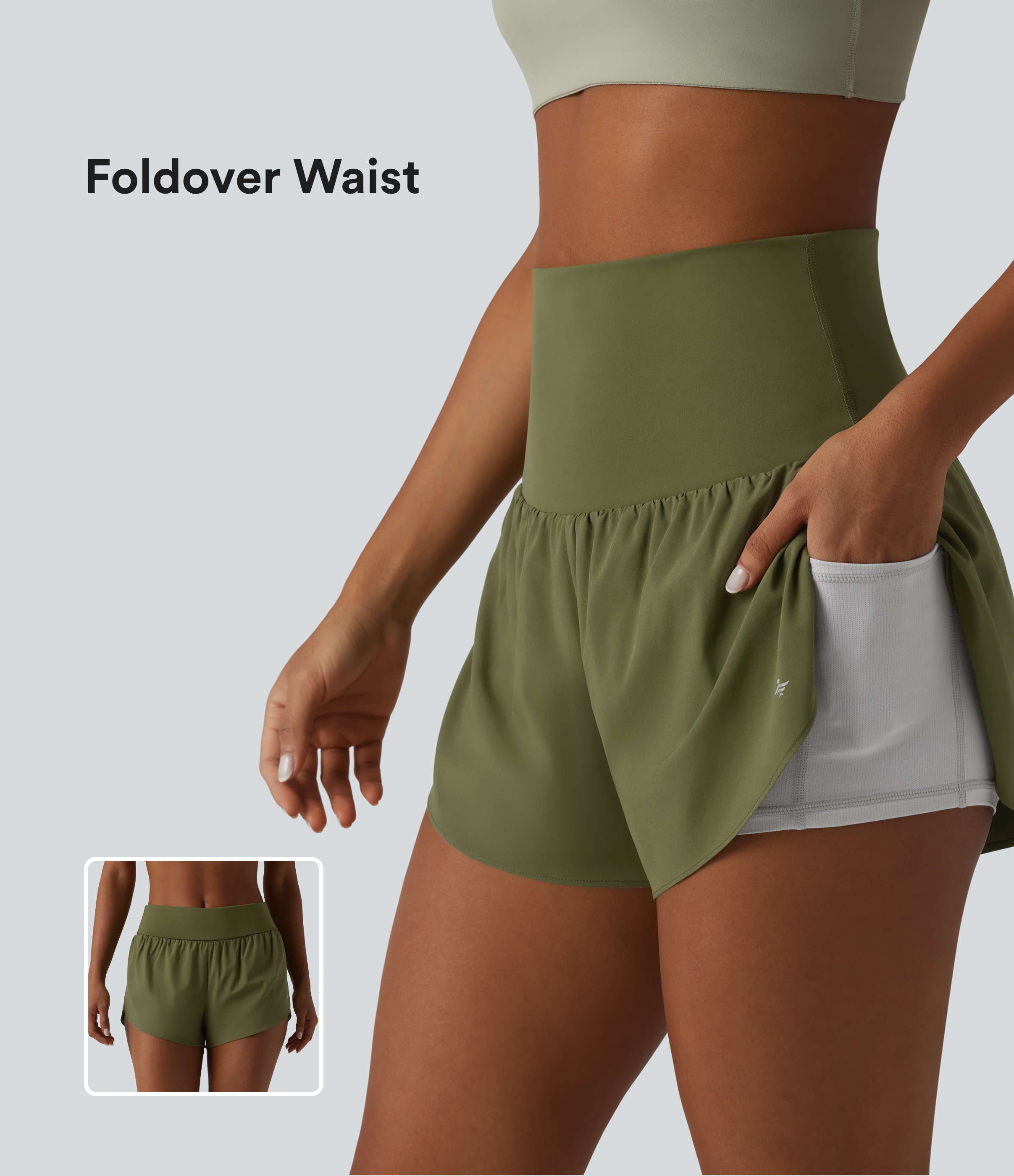 Breezeful™ Foldover Super High Waisted Crossover Hem 2-in-1 Quick Dry Workout Shorts with Pockets