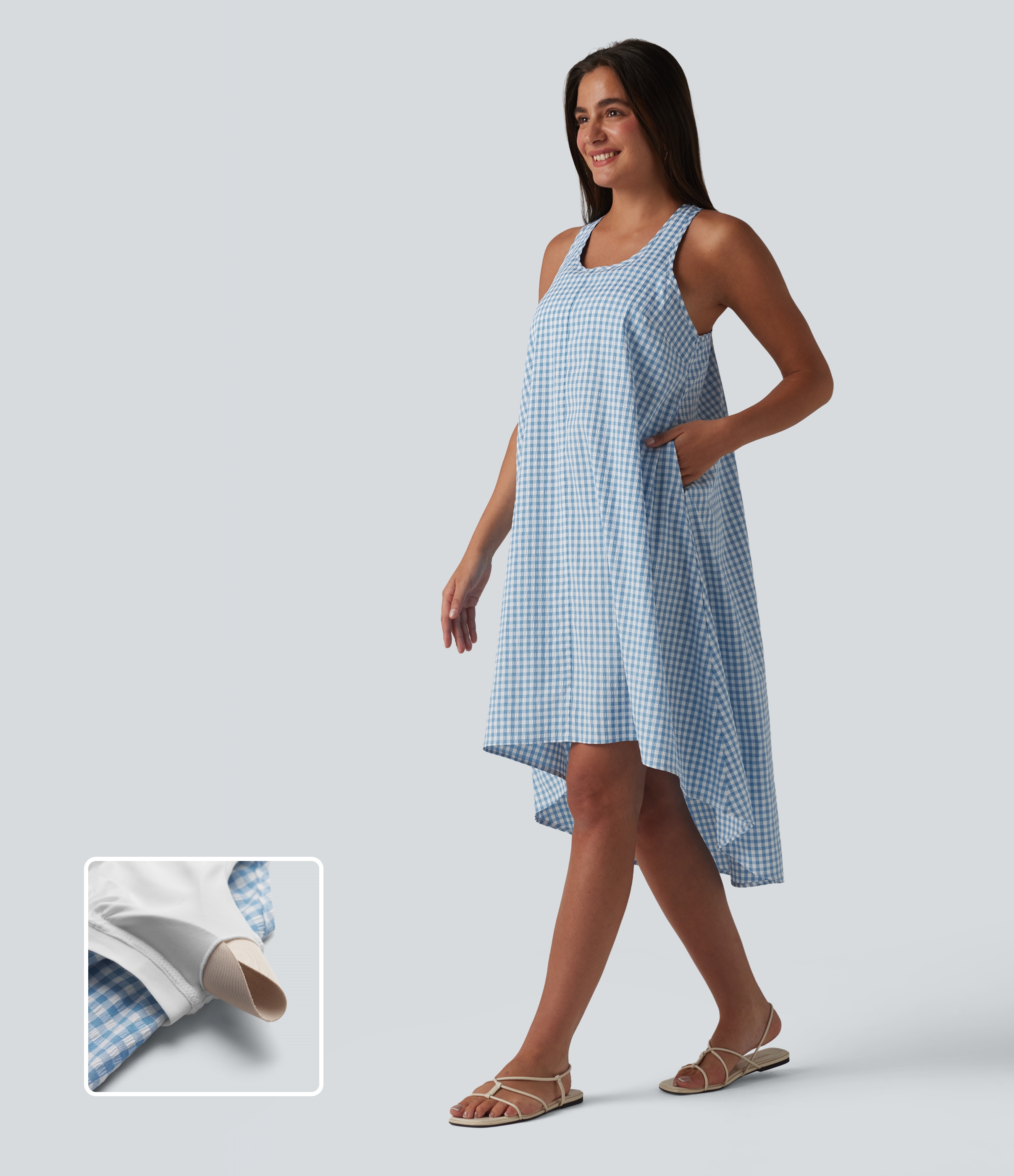Robe midi fluide à carreaux vichy, dos nageur, coupe asymétrique, soutien-gorge intégré et poches