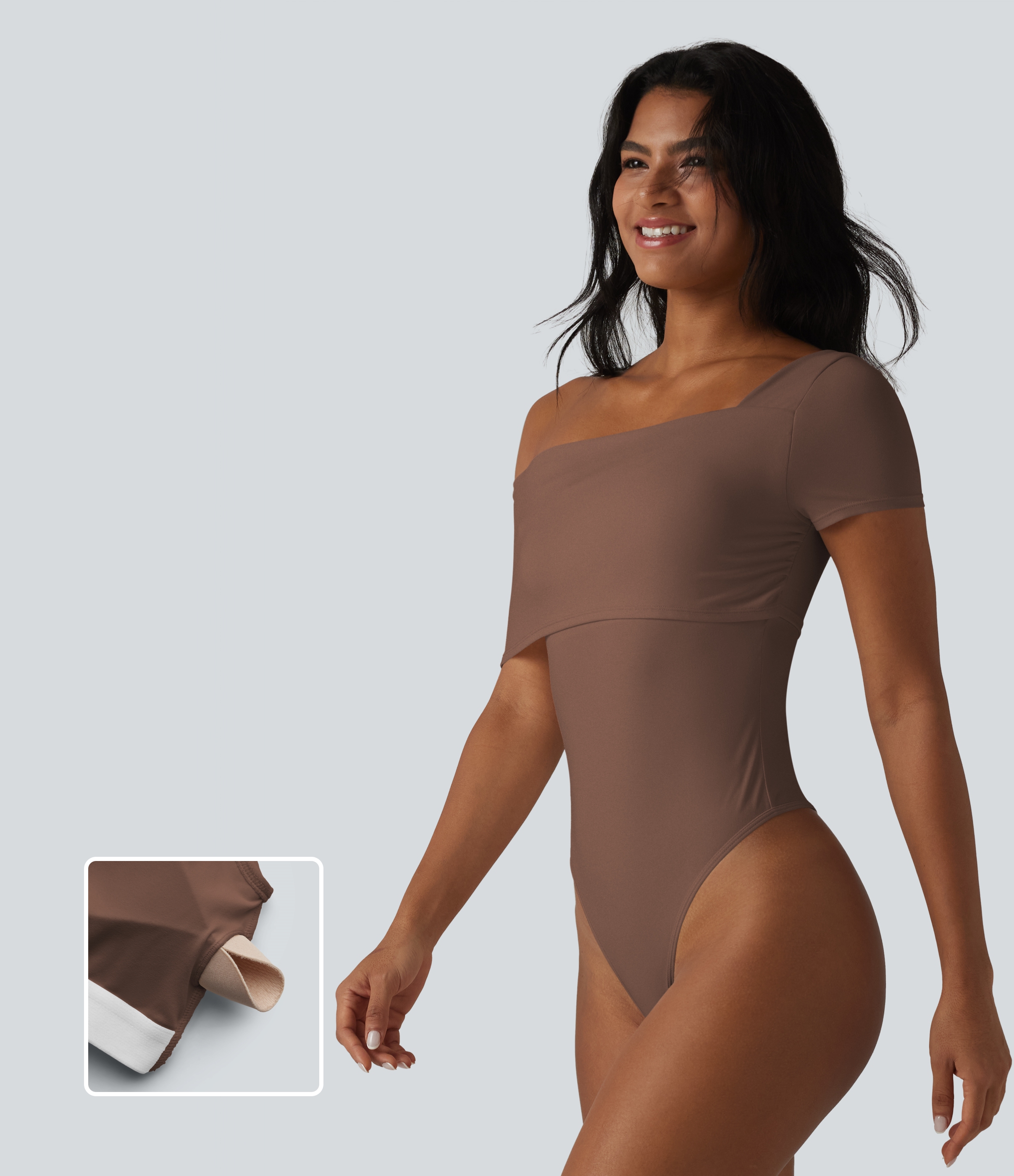 Asymmetrical Neck Short Sleeve Built-in Bra Casual Bodysuit