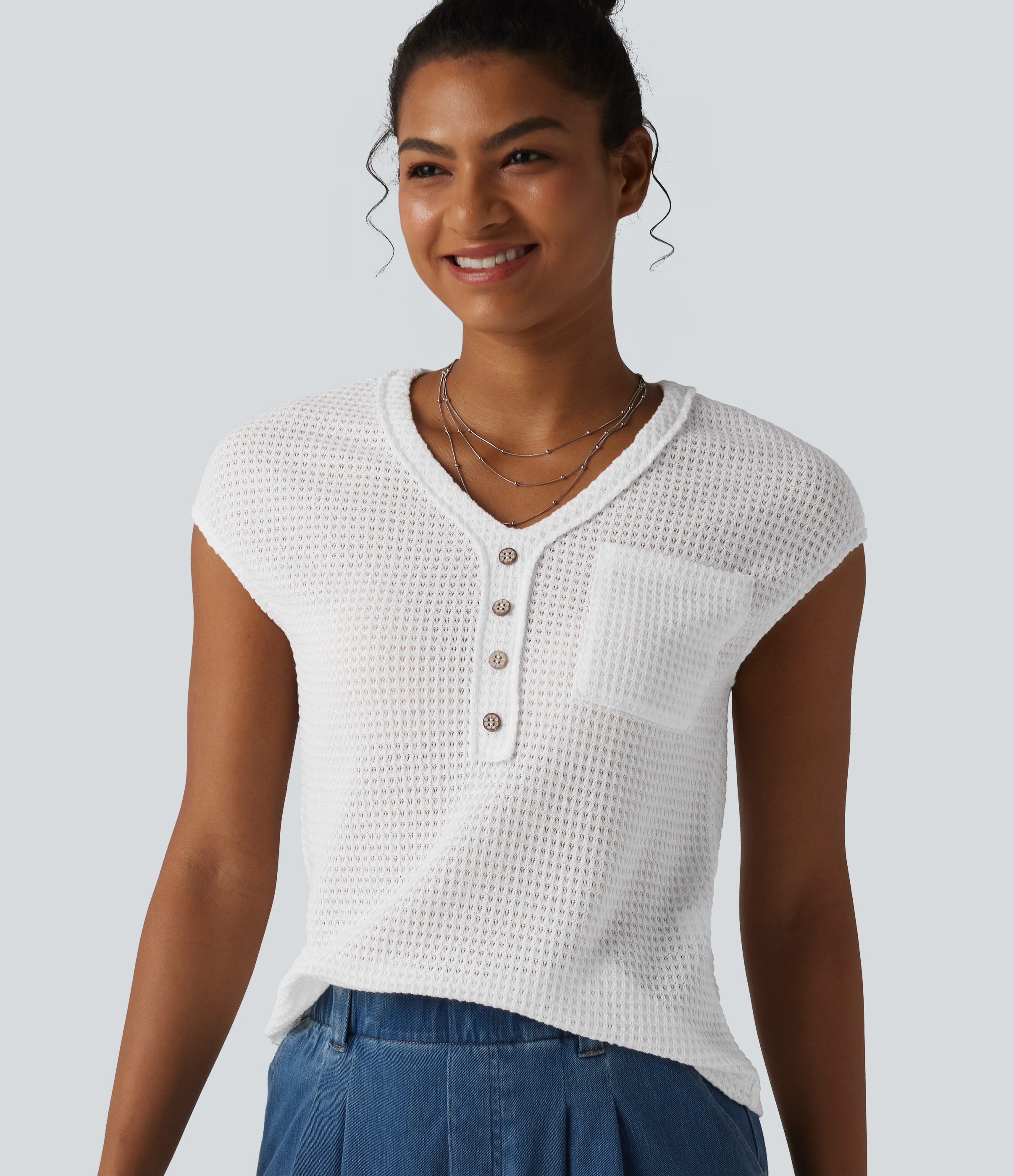 V-neck Cap Sleeve Waffle Casual Top with Pocket