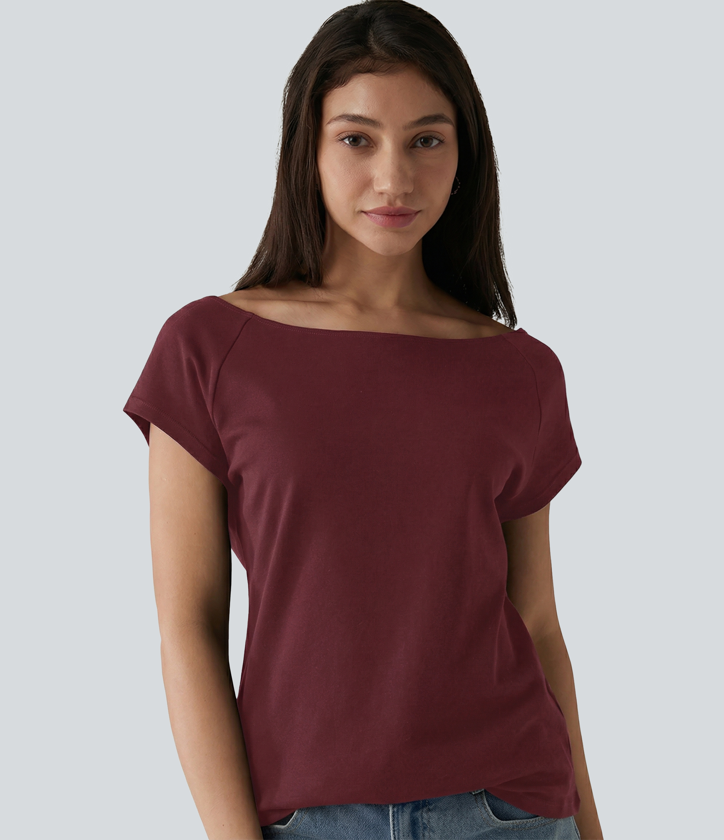 Camiseta casual de algodón con escote barco y mangas cortas