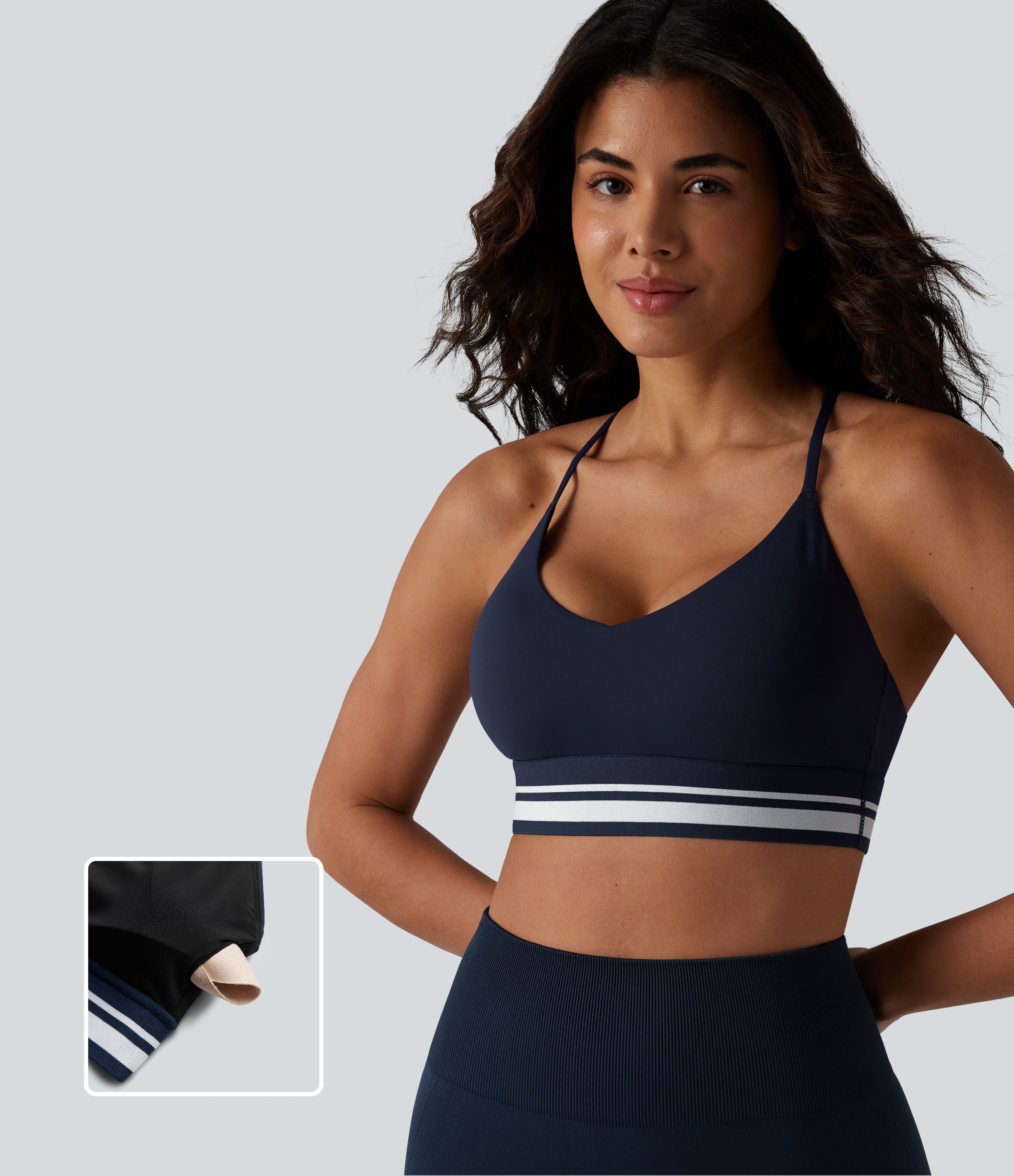 Peacoat SoftlyZero™ Plush Light Support Crisscross Backless Color Block Stripes Built-in Bra Workout Sports Bra / 1