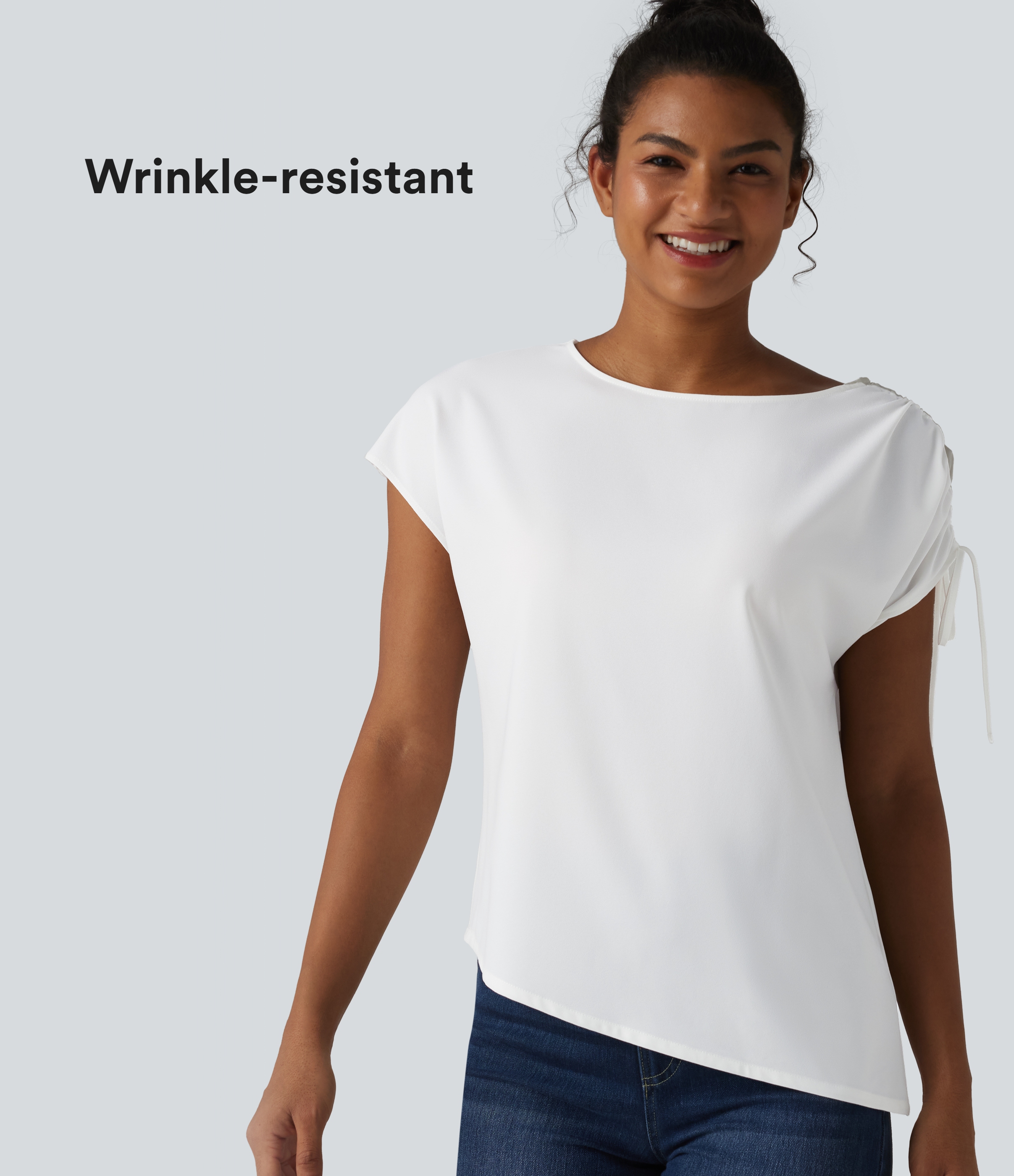 Wrinkle-resistant Boat Neck Drawstring Asymmetric Hem Work Chiffon T-Shirt