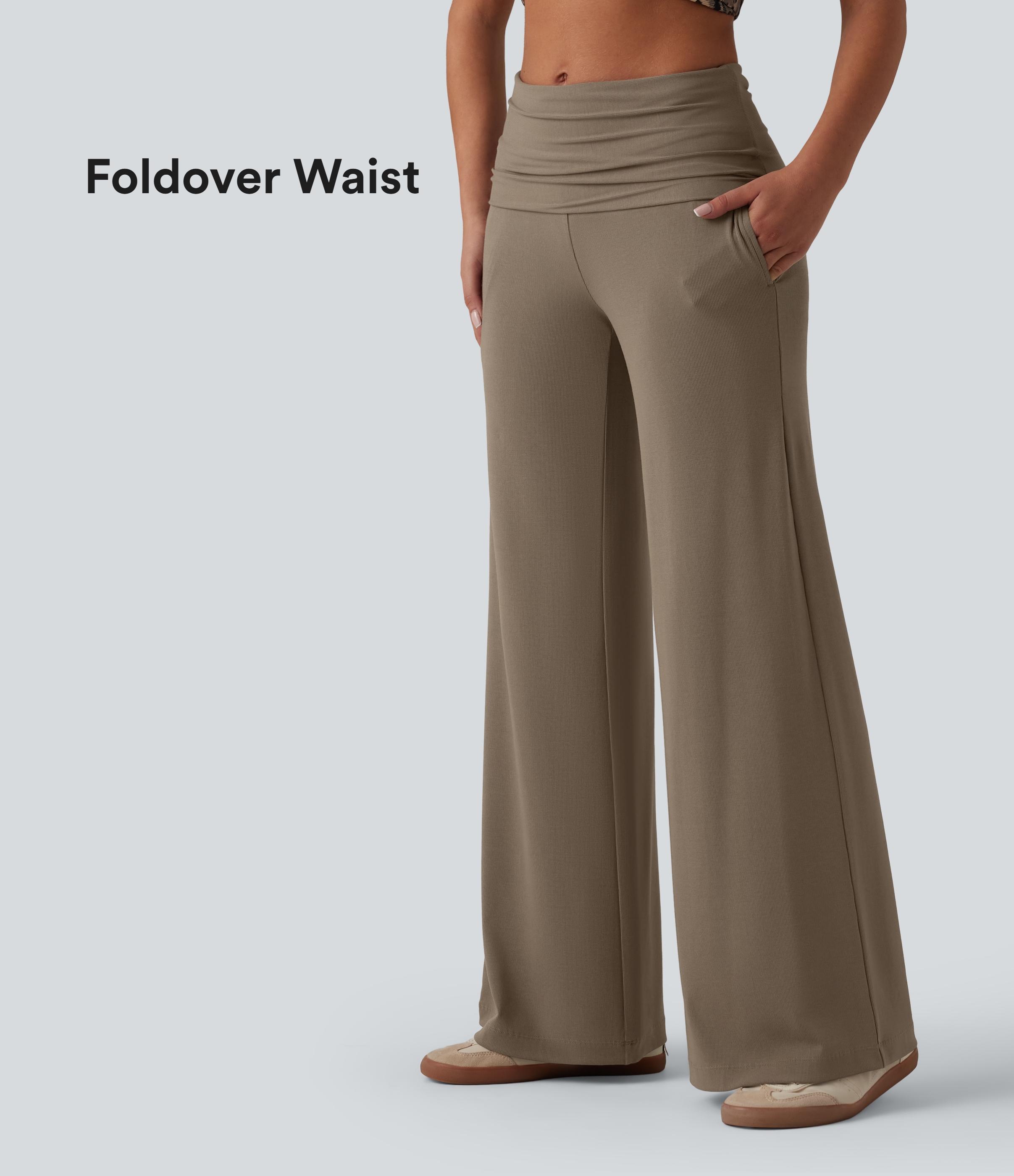 Ribbed Knit Foldover Super High Waisted Baggy Casual Pants with Pockets
