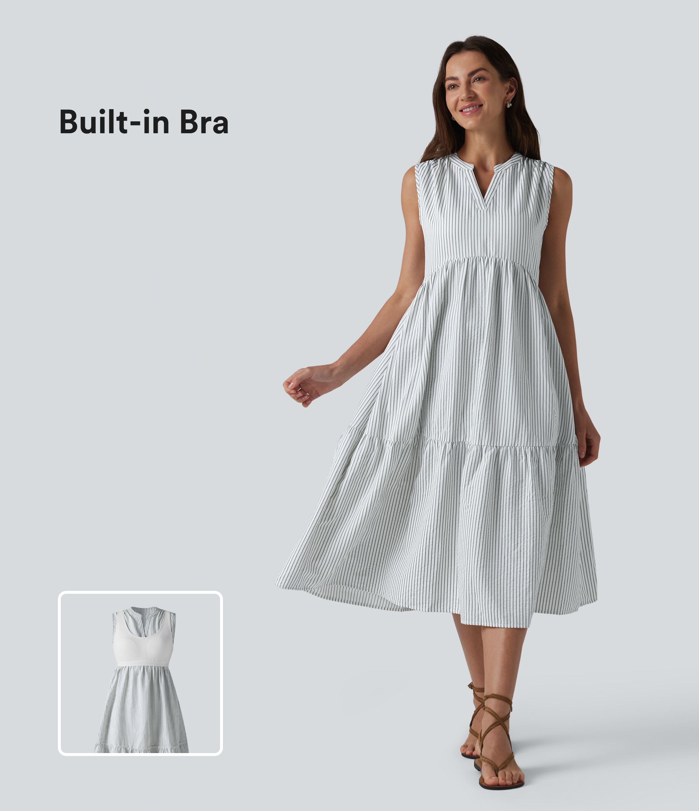 Foggy Stripe V Neck Built-in Bra Sleeveless Stripe Midi Dress / 1