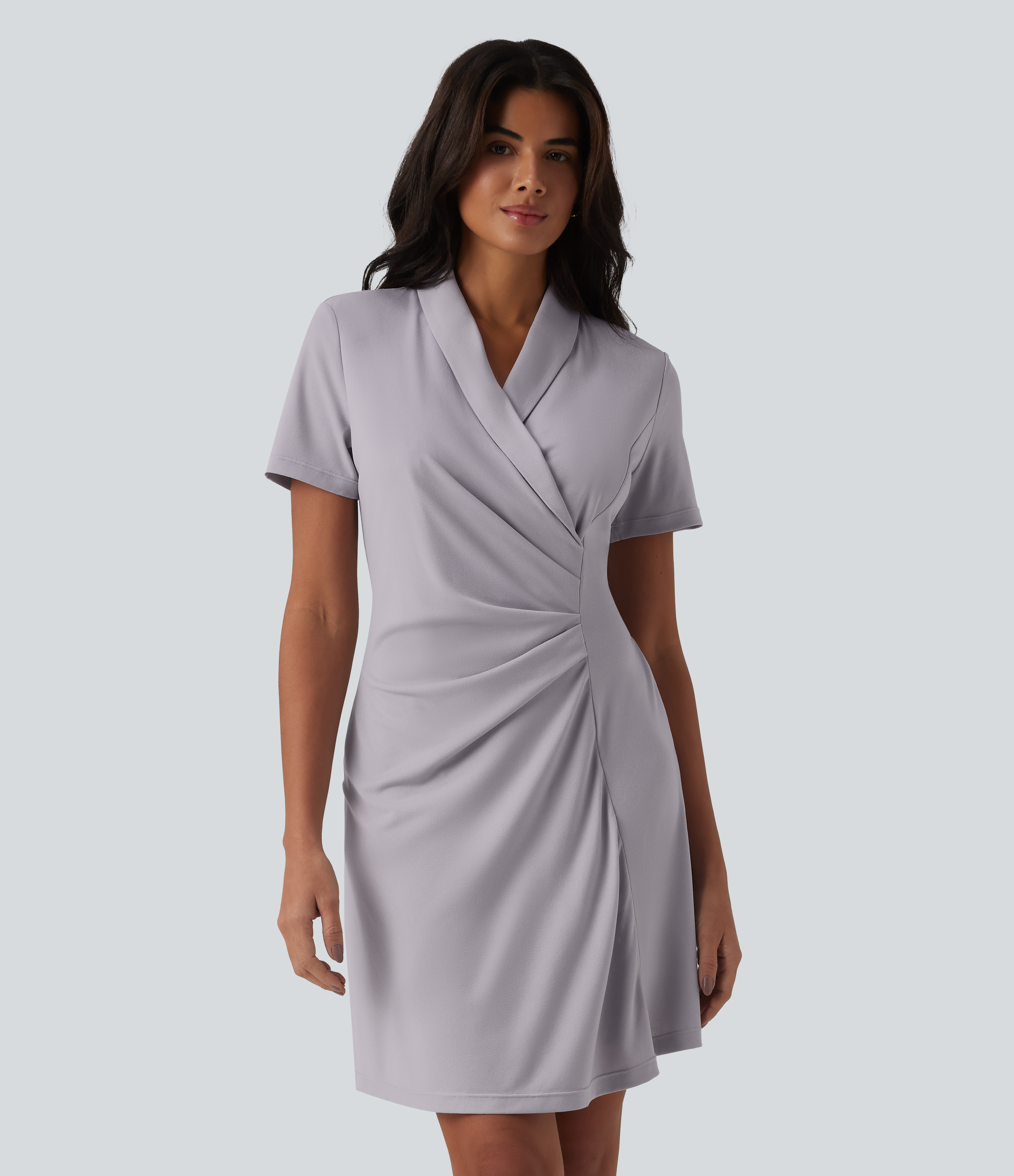 Work mini dress with shawl collar and short sleeves