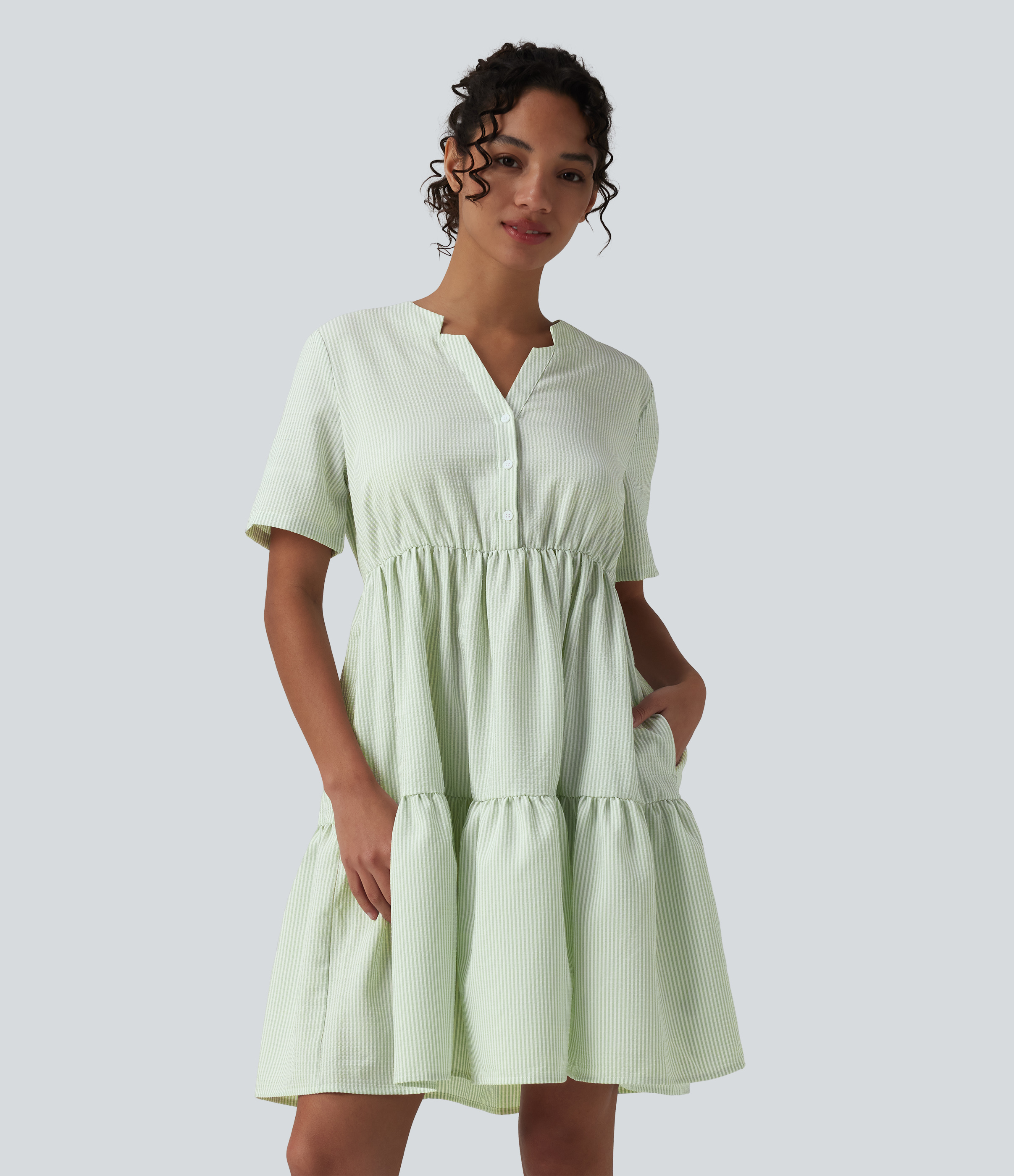 V Neck Short Sleeve Tiered Stripe Mini Casual Shirt Dress
