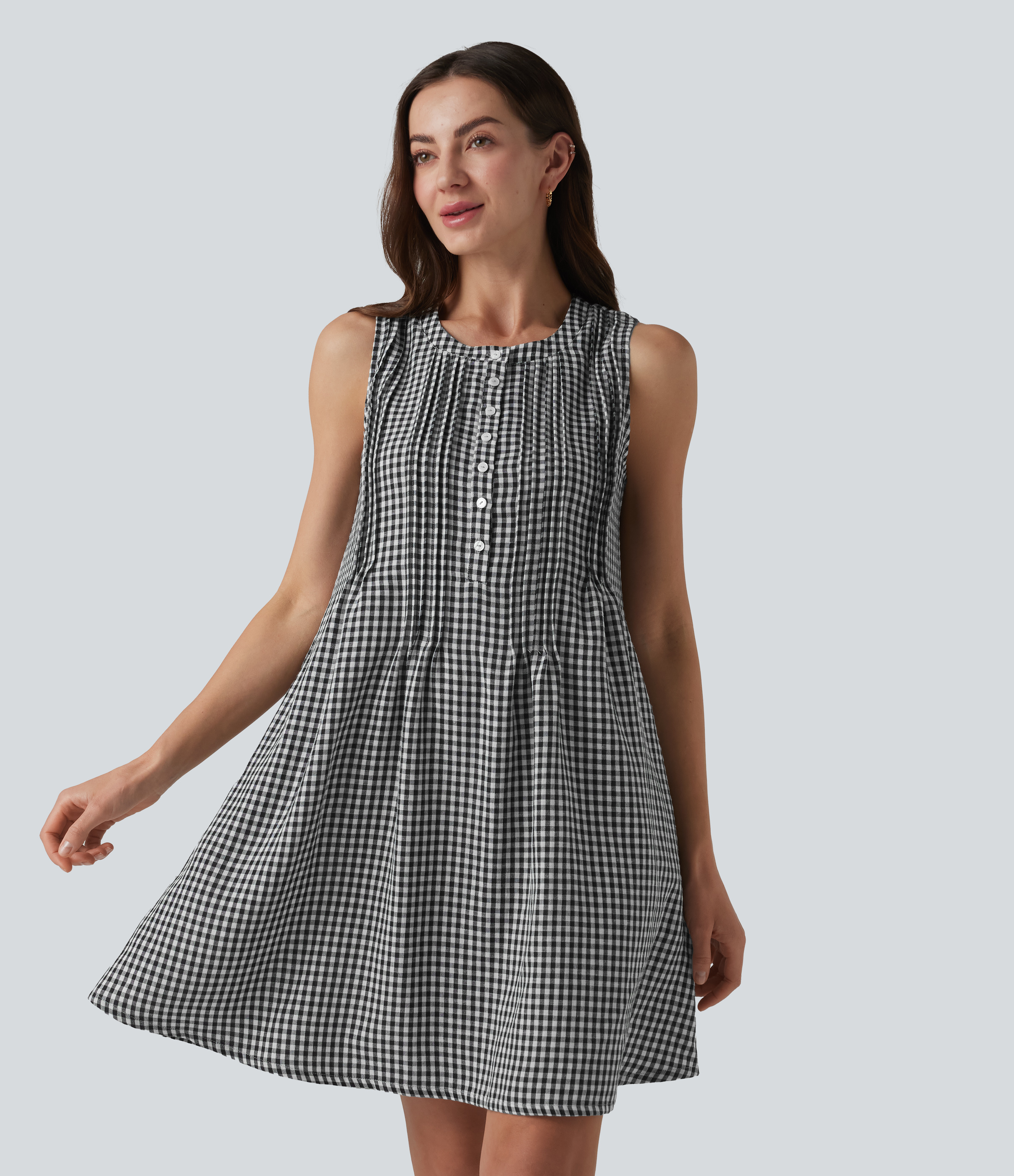 Robe courte sans manches col rond à carreaux aspect lin avec poches