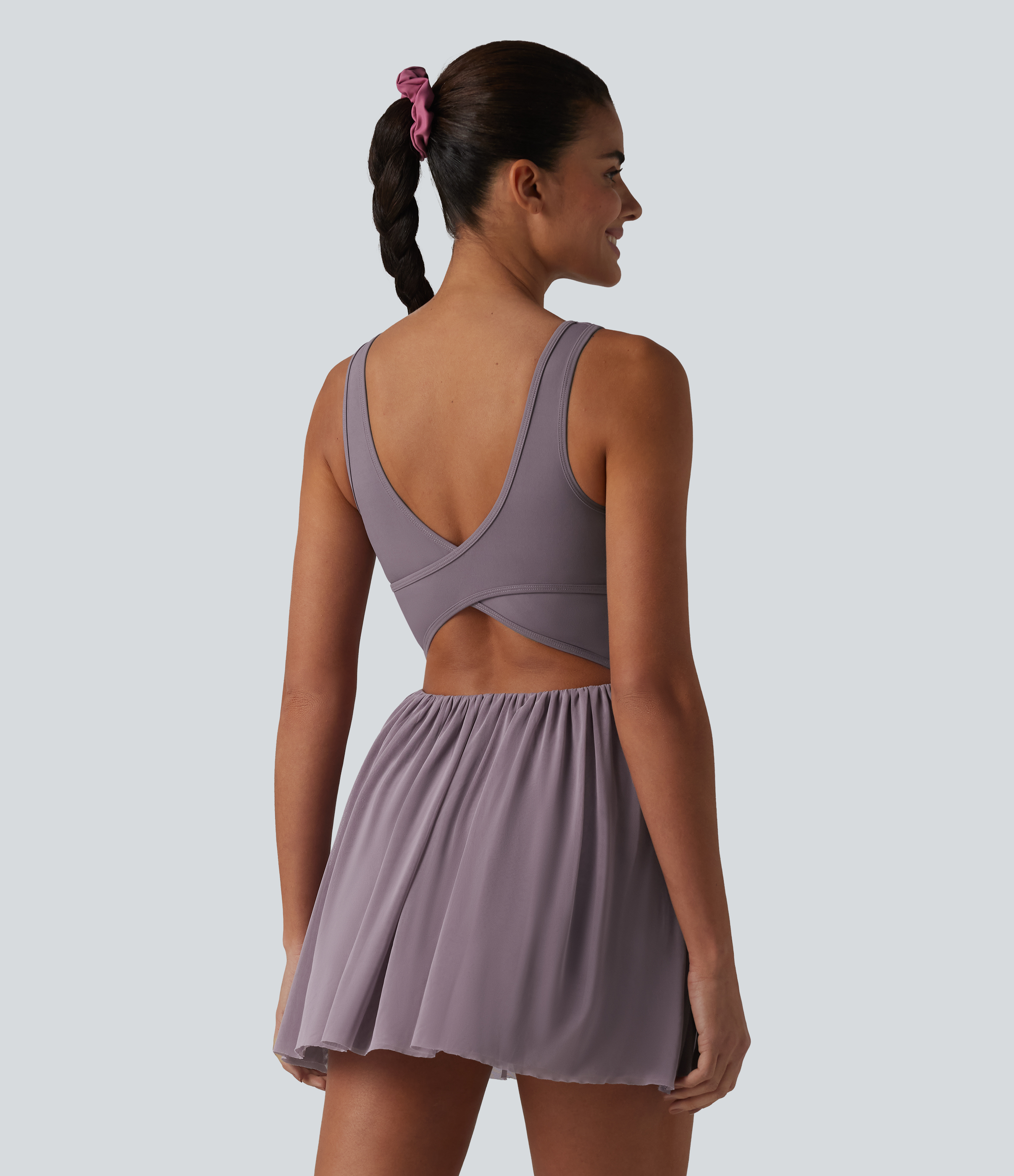 Cinnabar Purple SoftlyZero™ Crisscross Backless Contrast Mesh 2-in-1 Built-in Bra Flowy Mini Tennis Active Dress with Pockets-Easy Peezy / 2