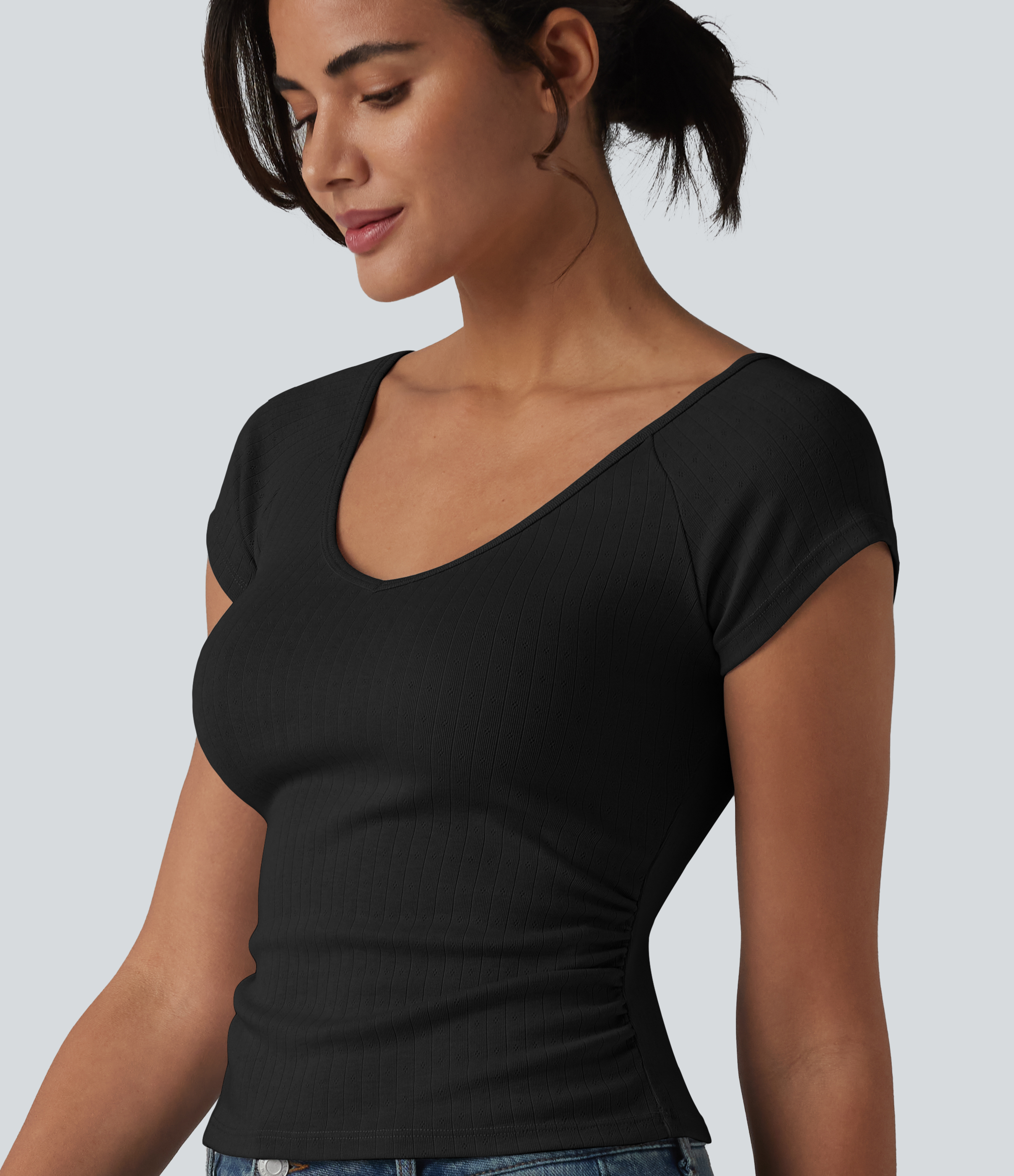 V Neck Short Sleeve Ruched Casual T-Shirt