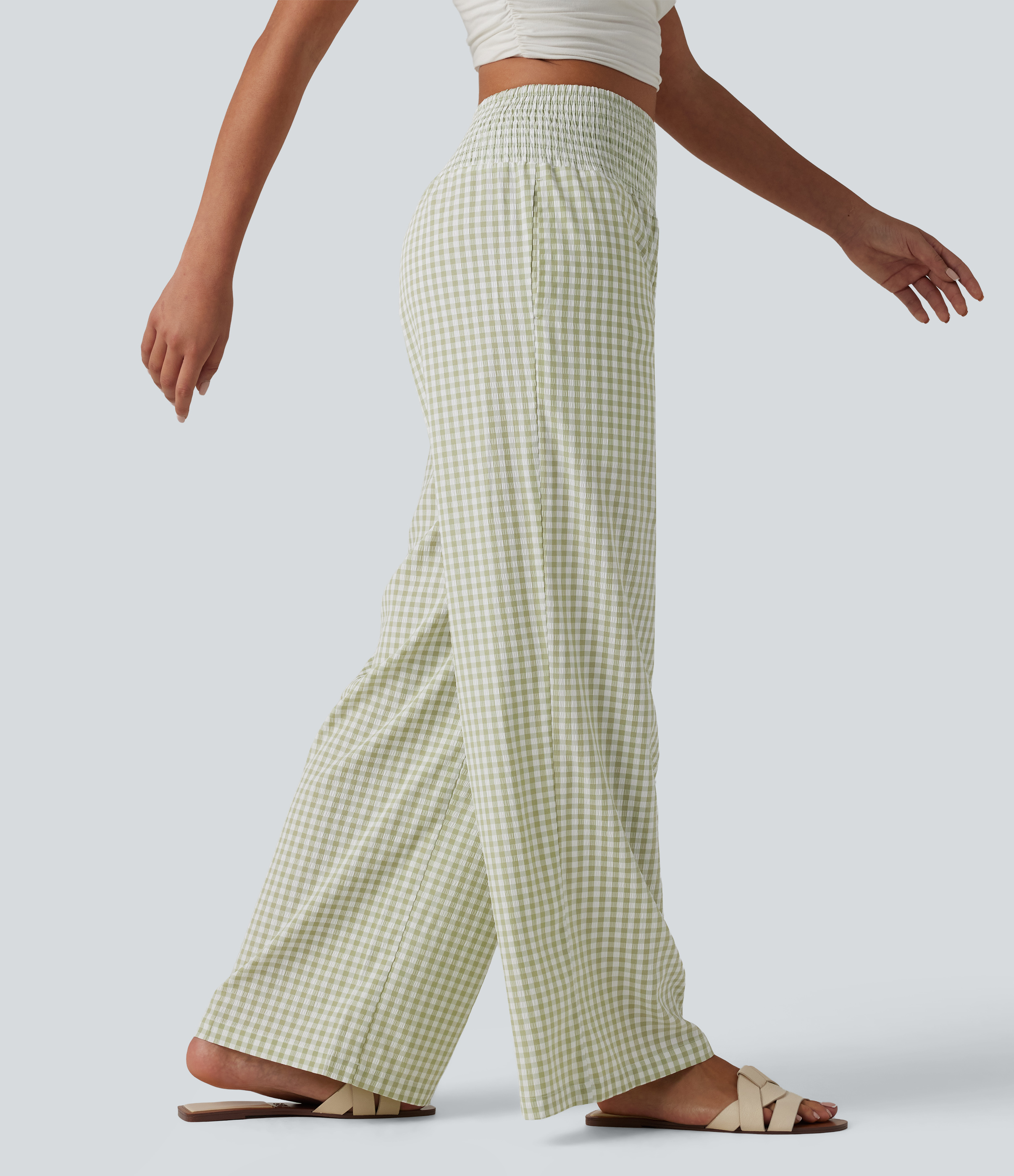 Lässige, geraffte Baggy-Hose mit hohem Bund, Seitentaschen und Karomuster