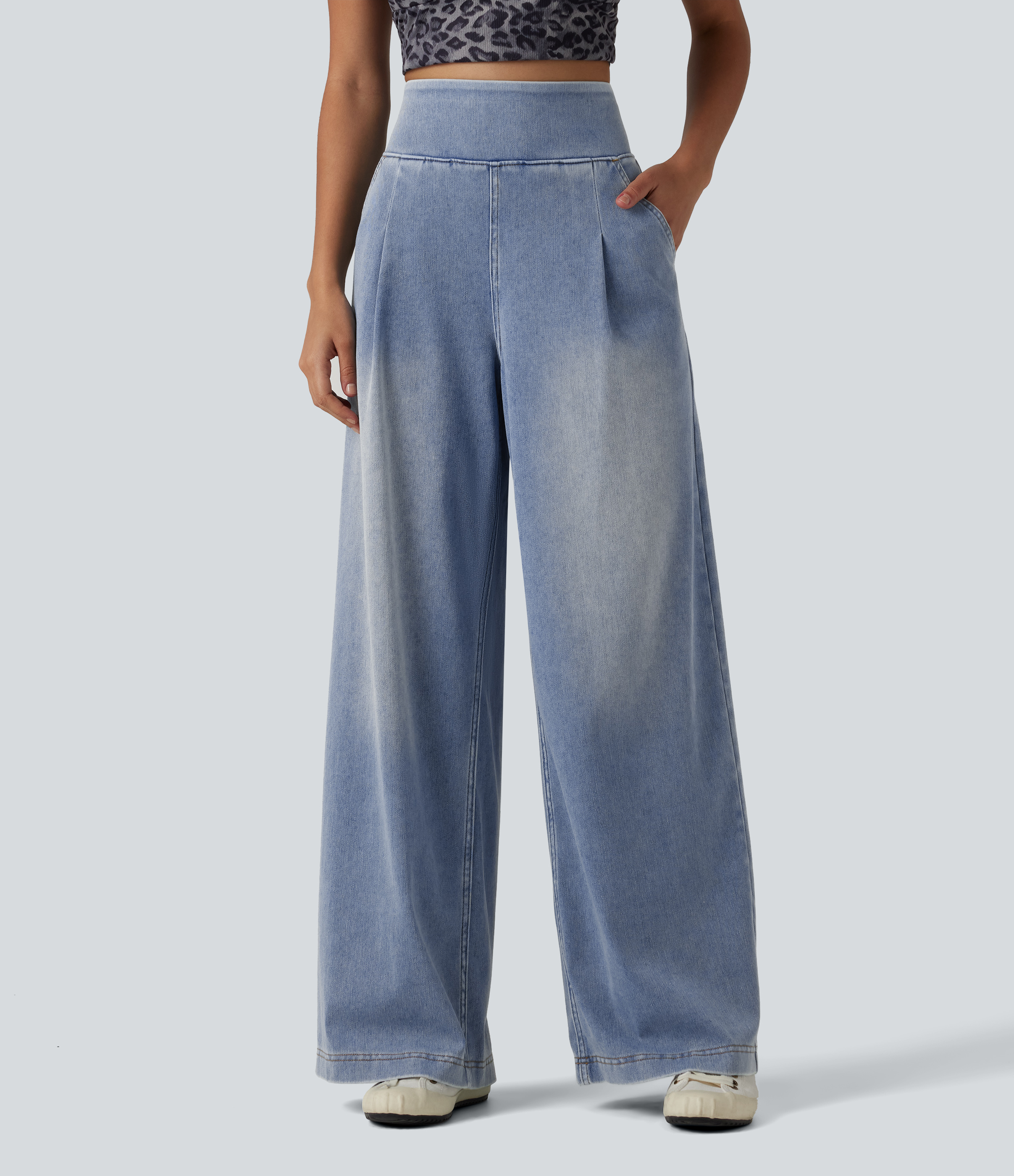 Halara Flex™ High Waisted Wide Leg Washed Casual Jeans with Pockets