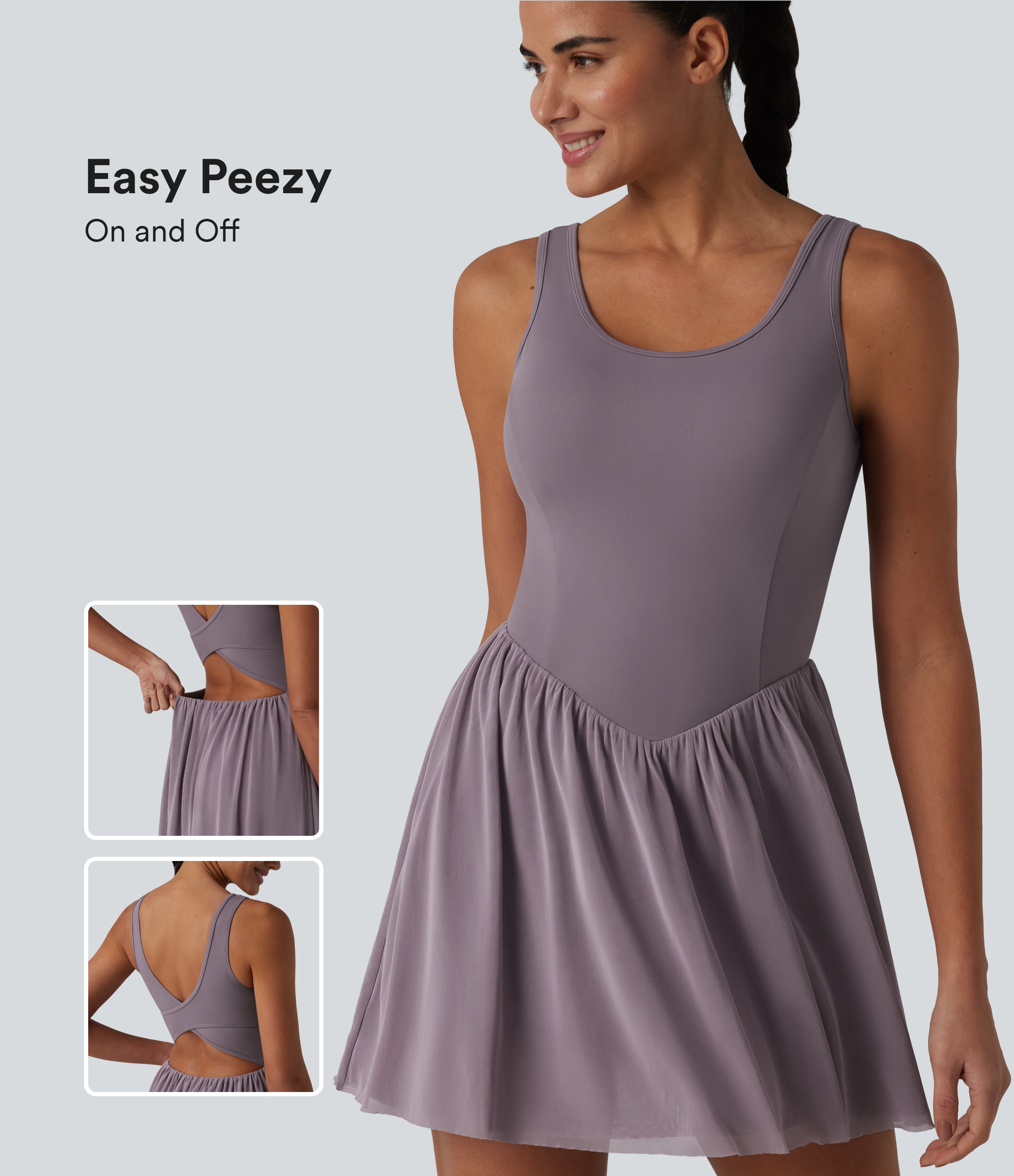 Robe de tennis fluide et courte SoftlyZero™ à dos croisé et dos nu, en maille contrastée, avec soutien-gorge intégré et poches - Easy Peezy