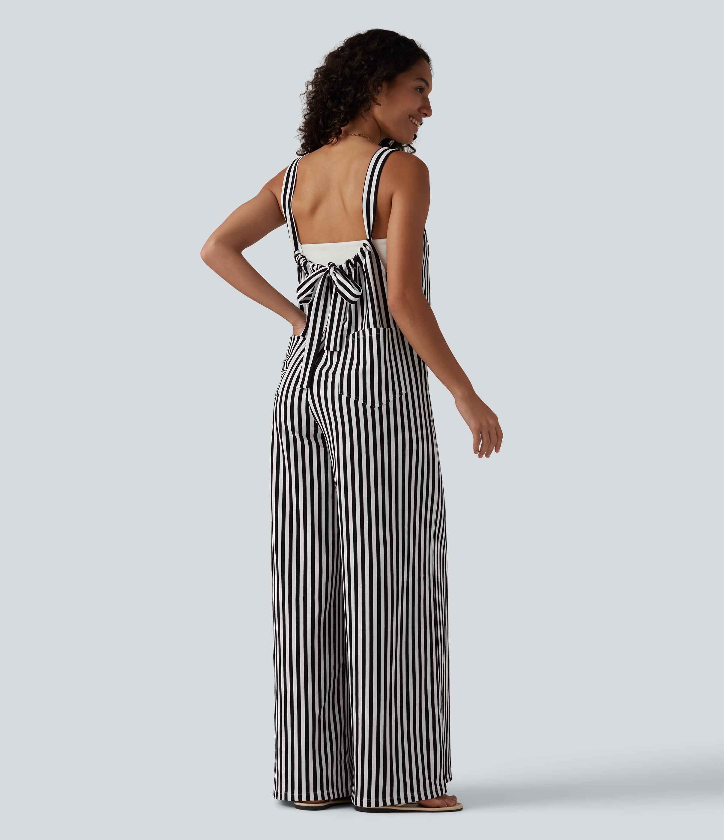 Tie-back Stripes Casual Baggy Overalls with Pockets