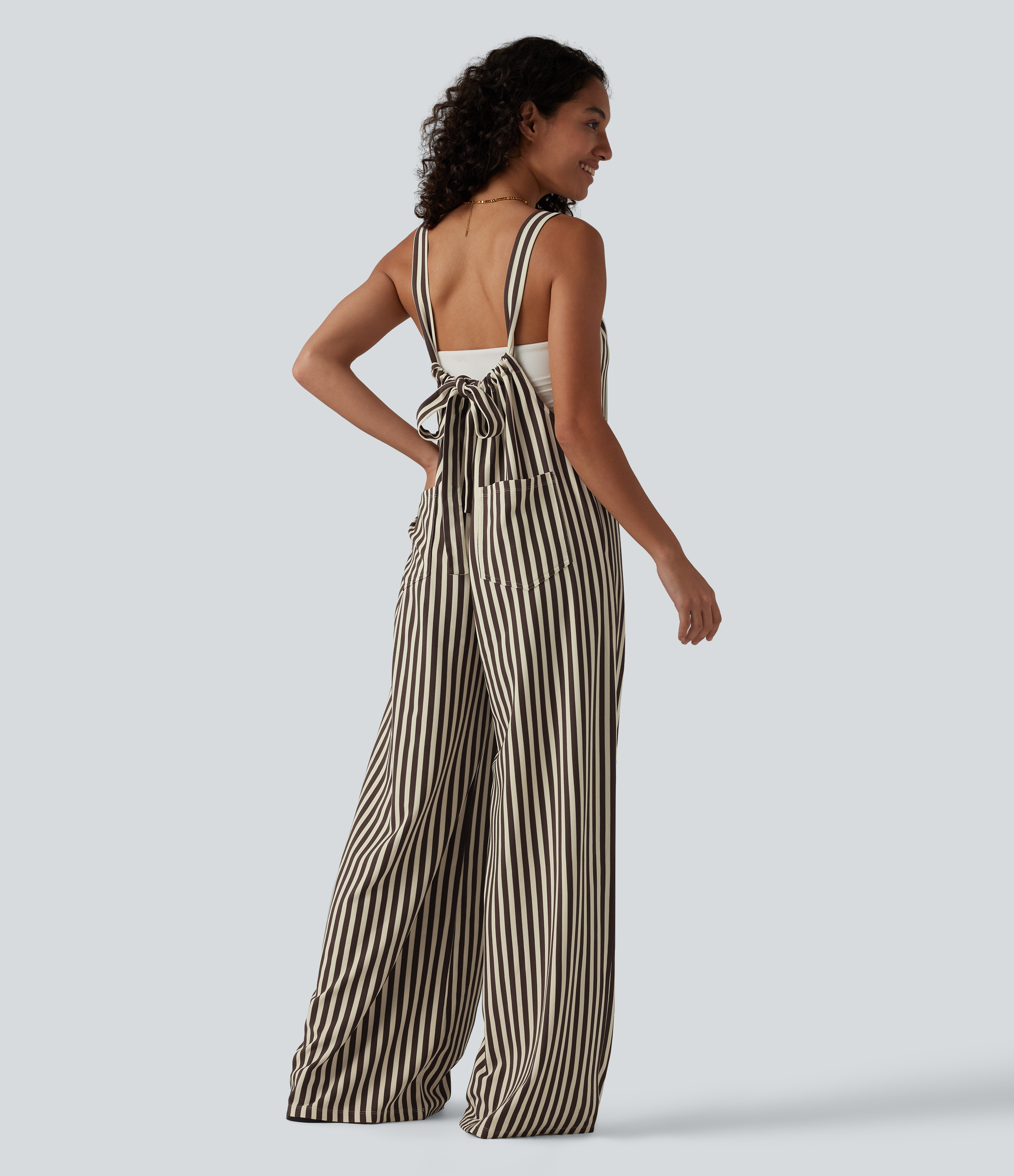 Tie-back Stripes Casual Baggy Overalls with Pockets
