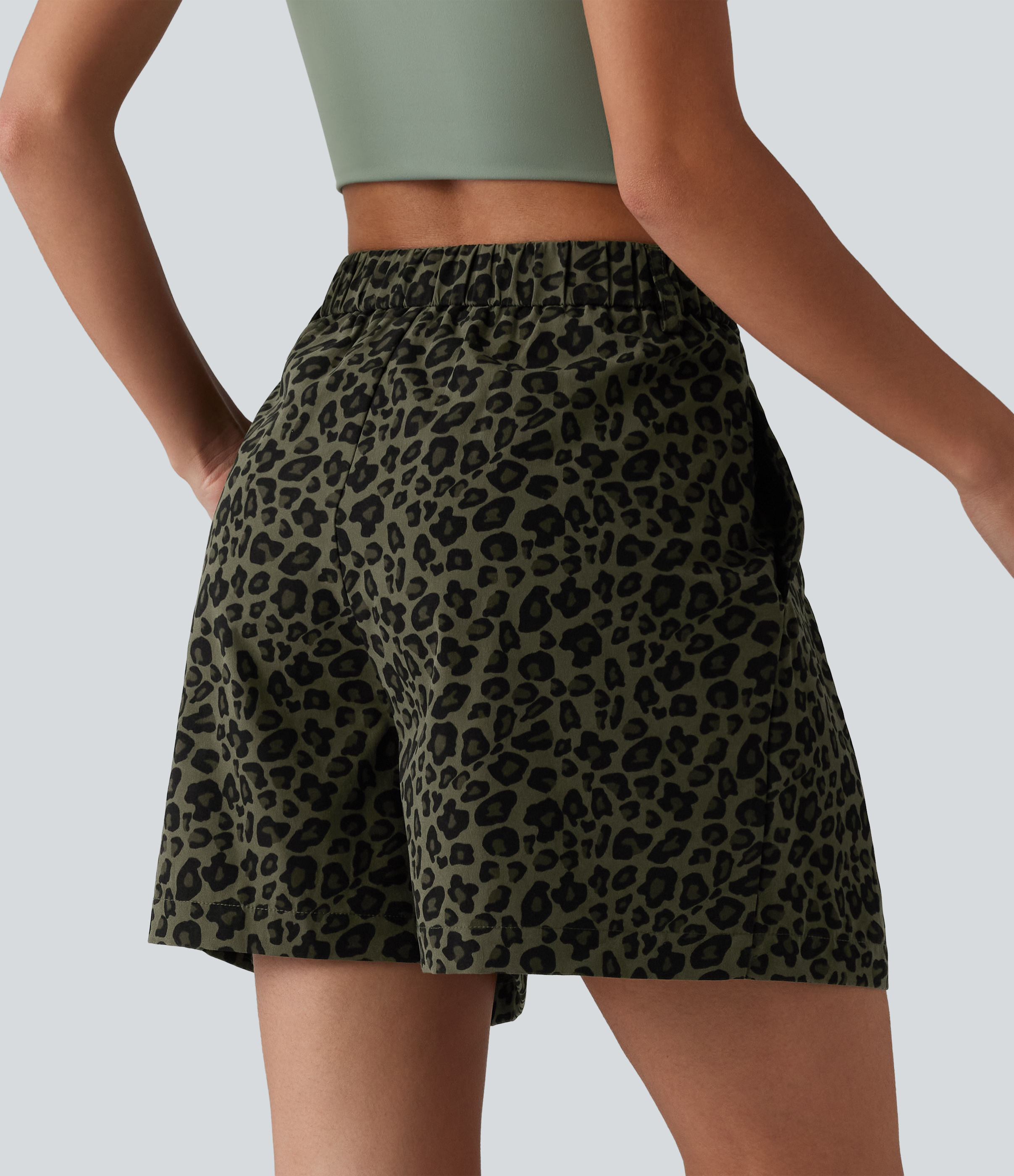 Olive Leopard Mid Rise Leopard Print Casual Baggy Shorts 5'' with Pockets / 2