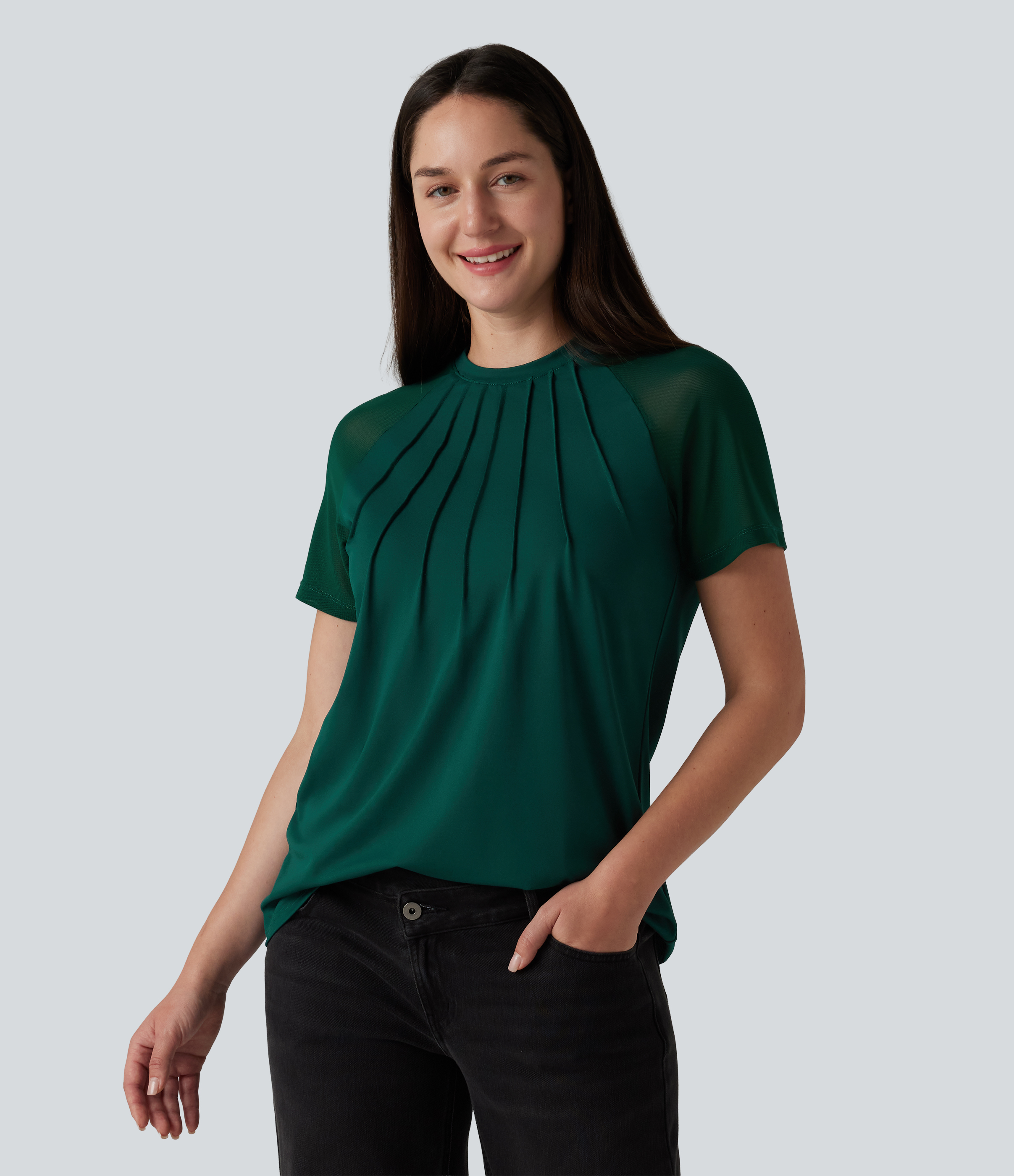 Round Neck Raglan Short Sleeve Contrast Mesh Casual Blouse