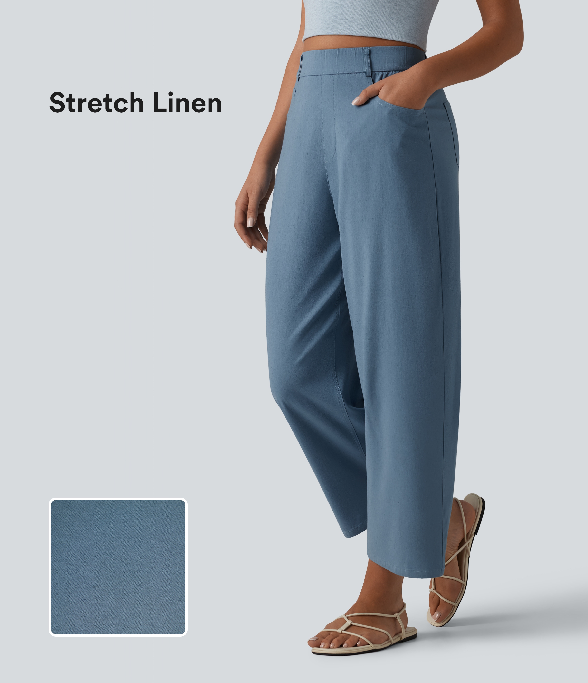 Lässige, hochgeschnittene Stretch-Leinenhose mit Taschen