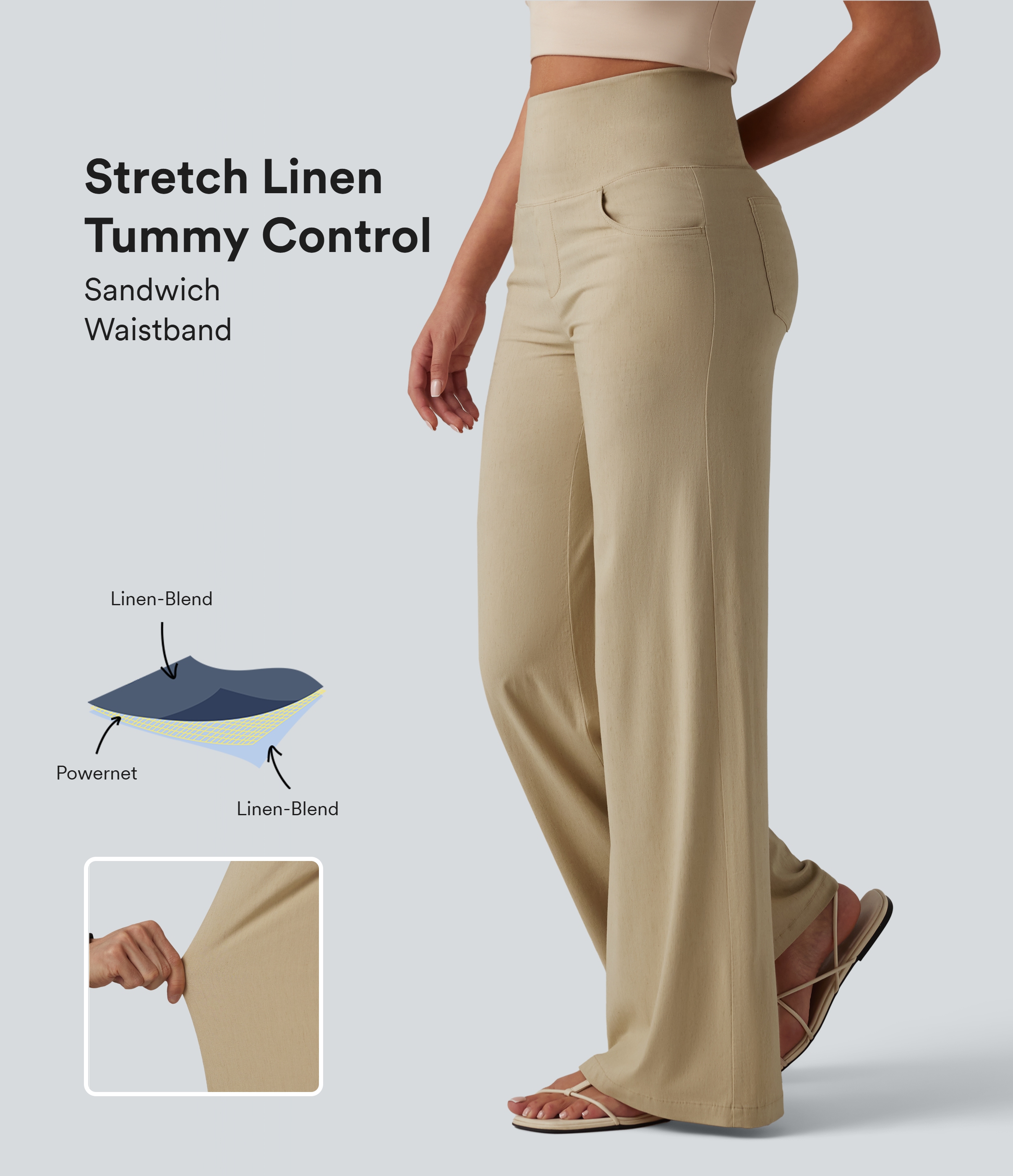 High Waisted Tummy Control Wide Leg Casual Stretch Linen Pants with Pockets