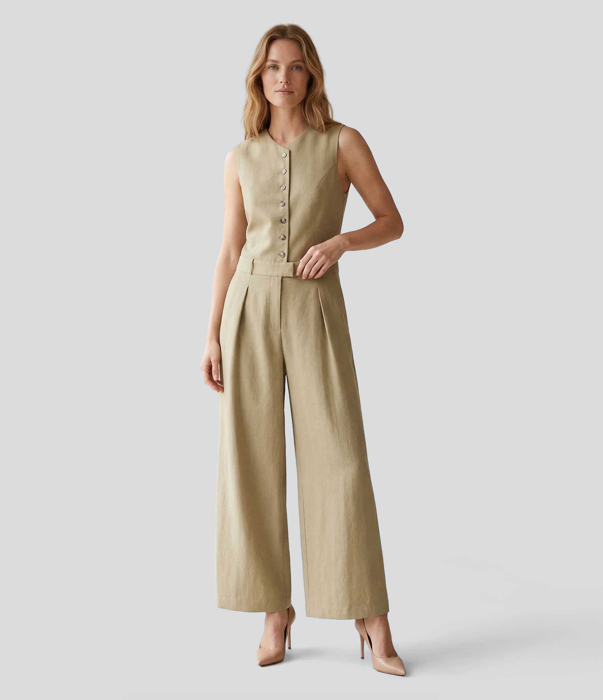 Sleeveless Work Linen-Feel Jumpsuit with Pockets
