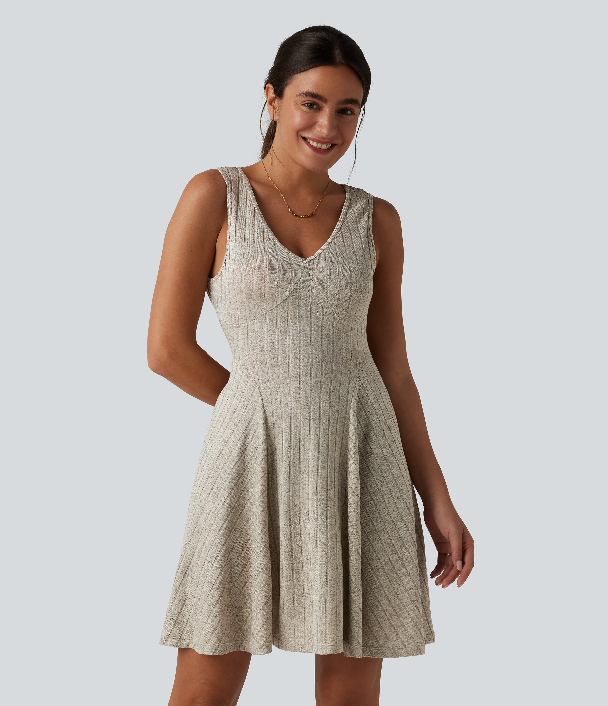 Ribbed Knit V Neck Flare Mini Casual Tank Dress with Pockets