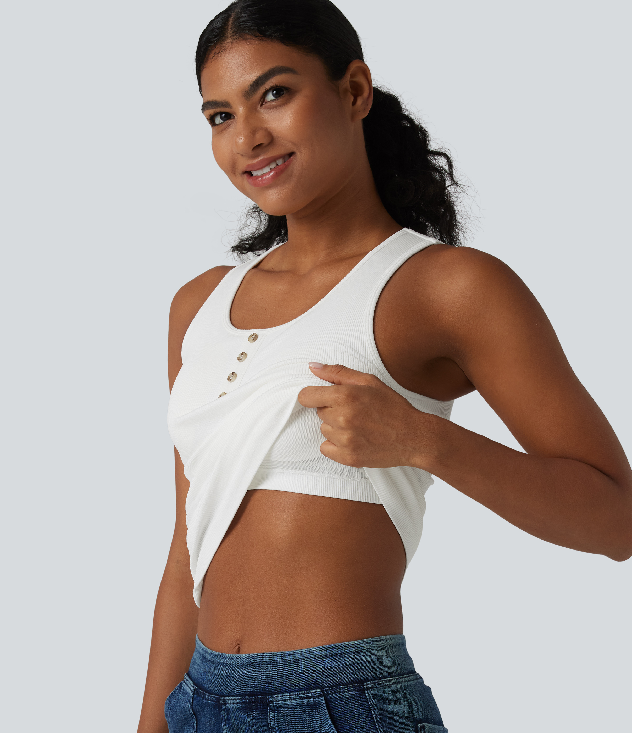 Ribbed Knit Round Neck Built-in Bra Casual Tank Top