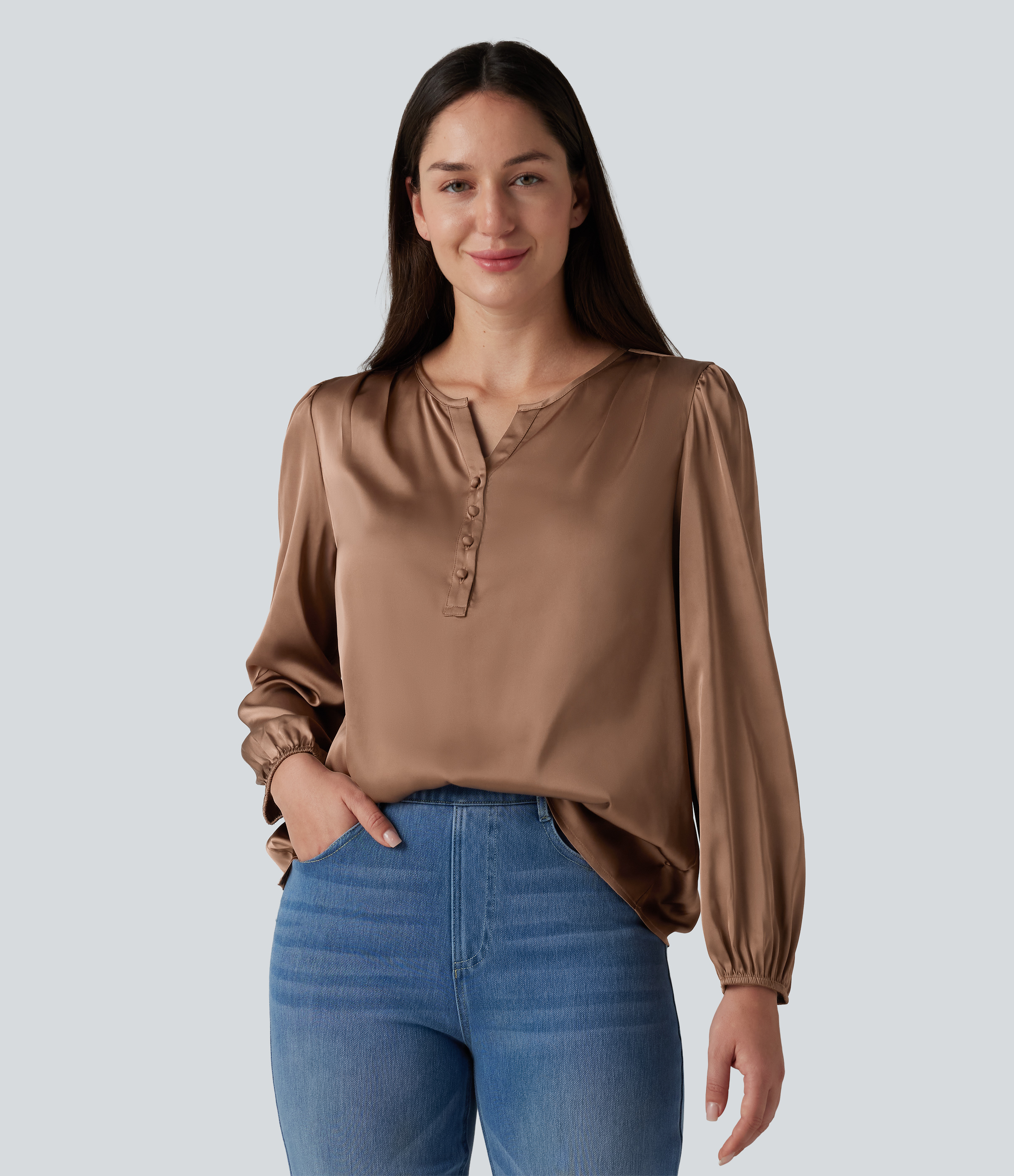 Büro-Bluse aus Satin mit Reverskragen und langen Ärmeln