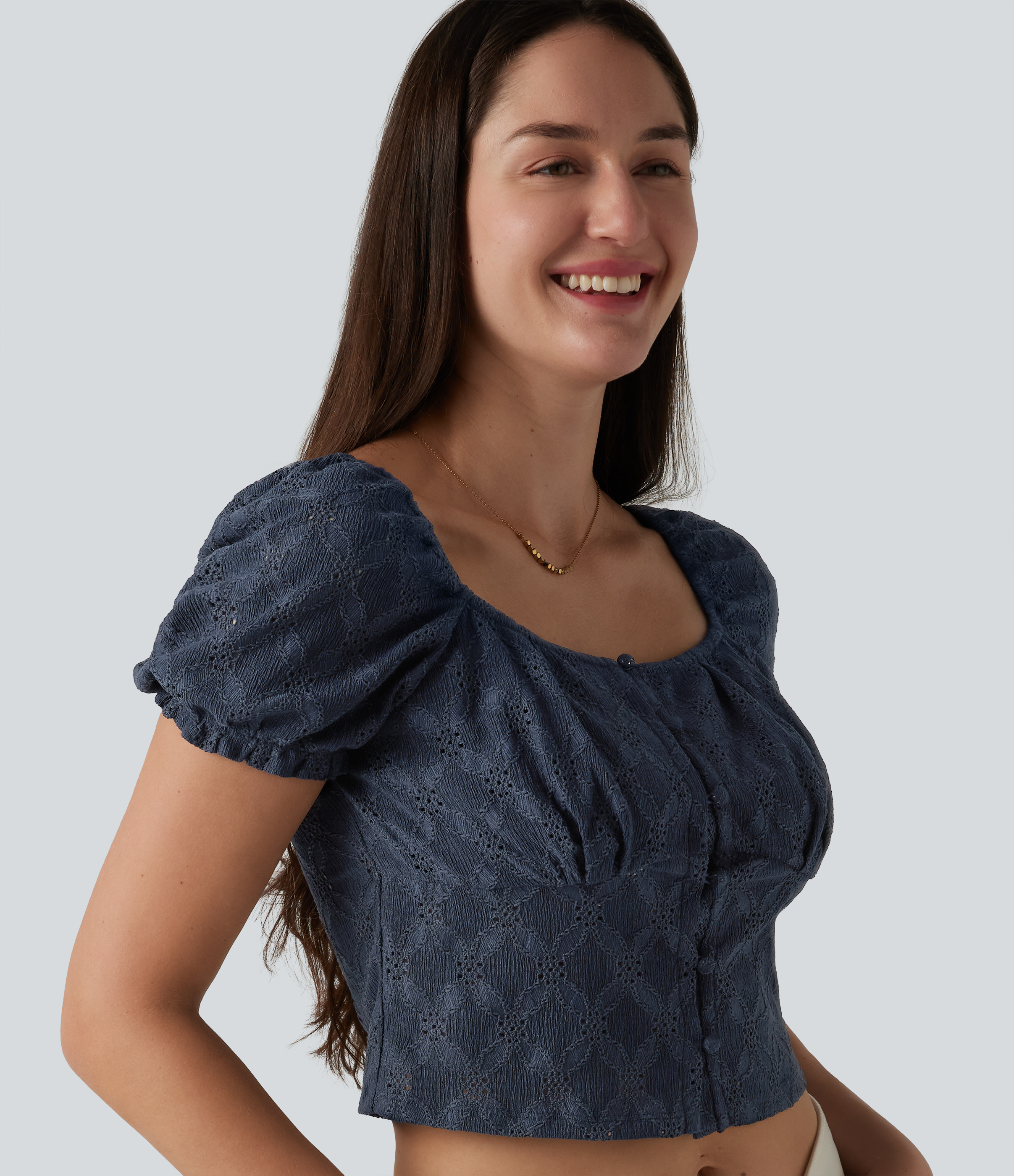 Square Neck Puff Short Sleeve Cropped Top