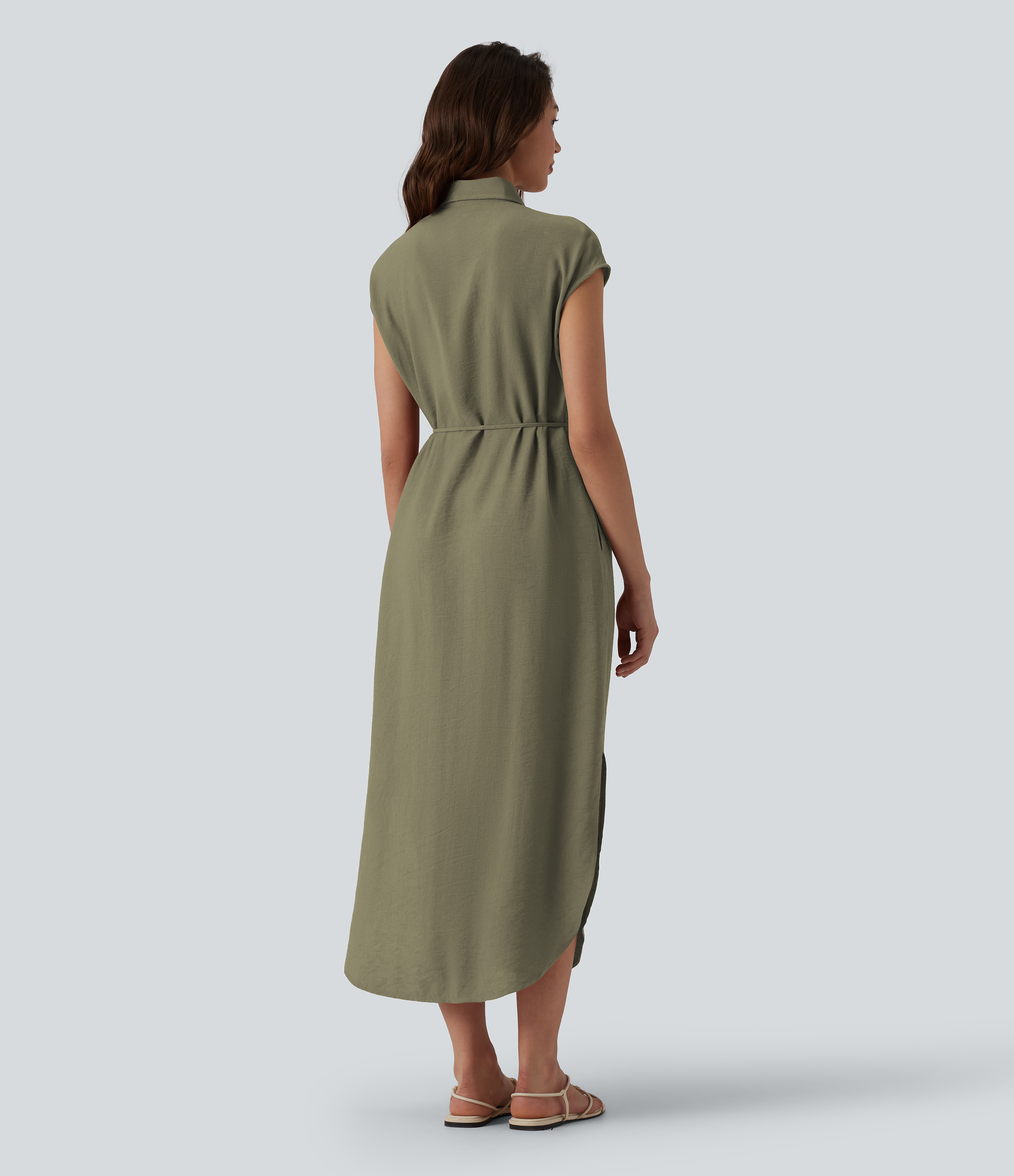 Covert Green Robe chemise casual mi-longue col manches courtes ceinturée ourlet arrondi avec fente et poches / 2