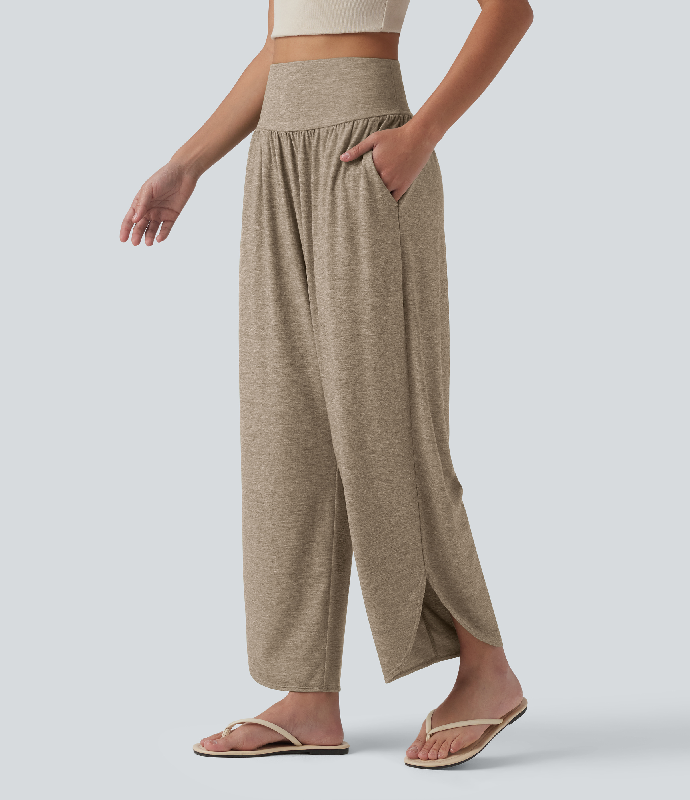 High Waisted Tummy Control Curved Hem Casual Pants with Pockets