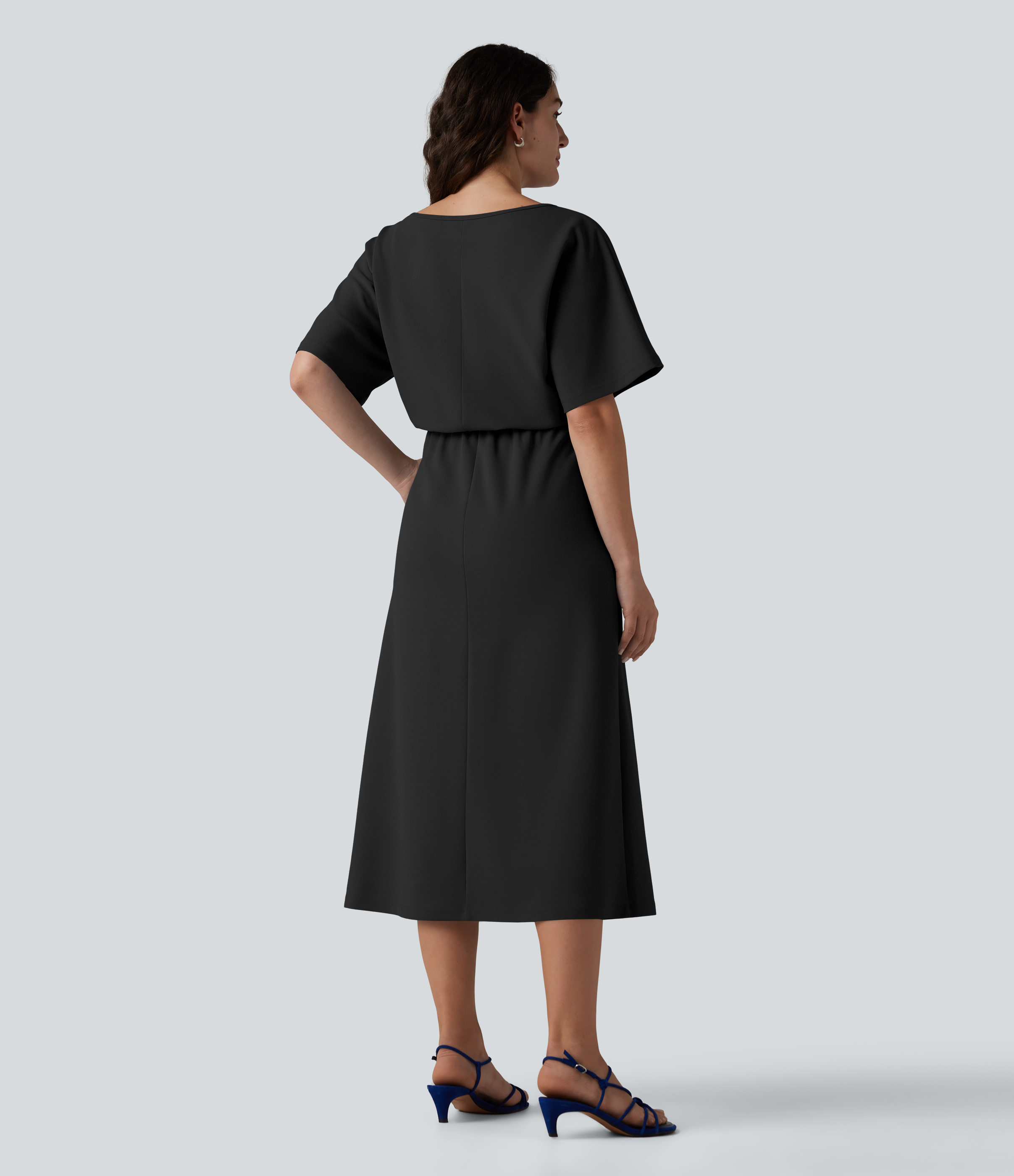 Schwarz Büro-Midikleid mit U-Boot-Ausschnitt und kurzen Ärmeln - knitterfrei / 2