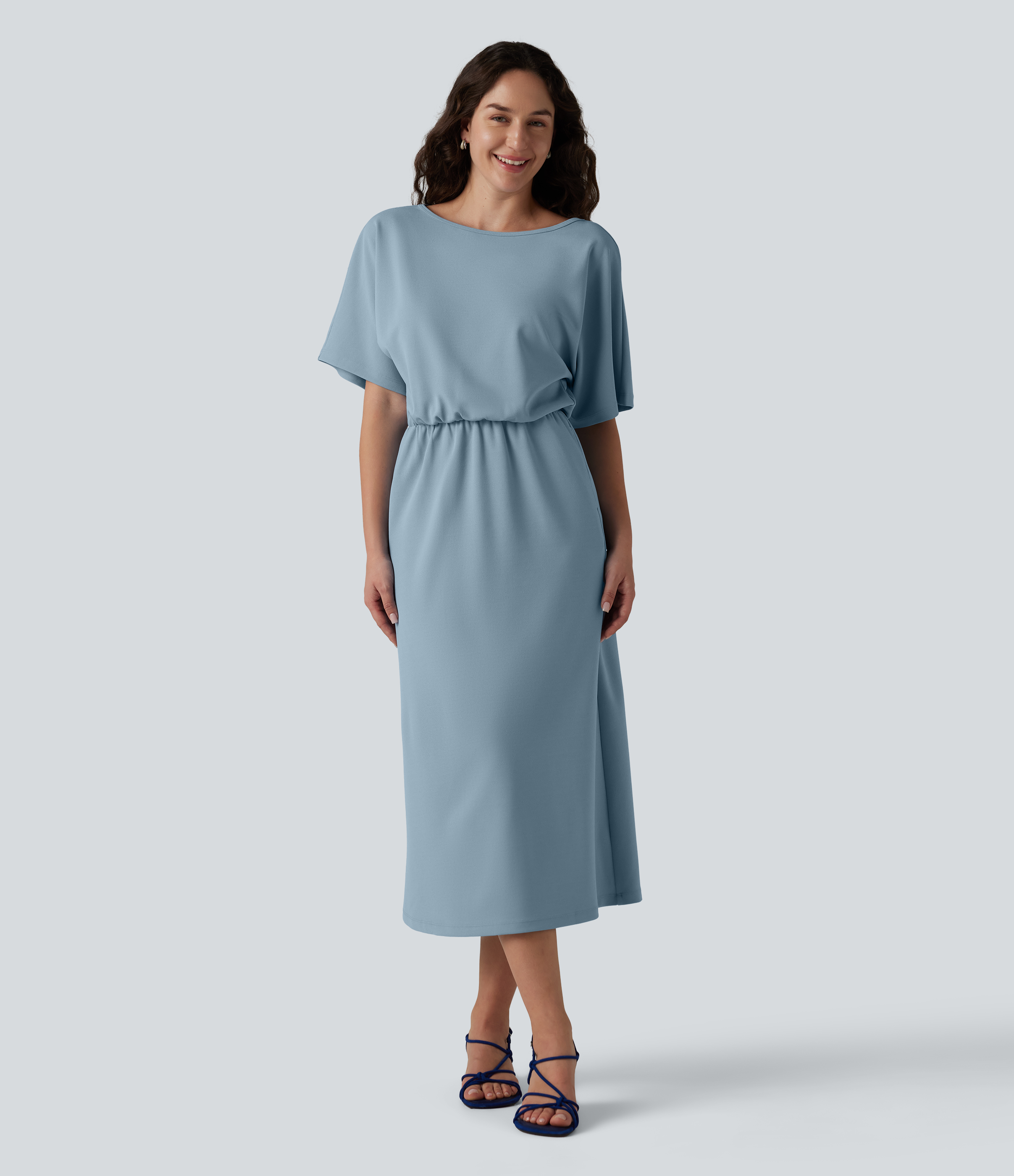 Wrinkle-Resistant Boat Neck Short Sleeve Midi Work Dress