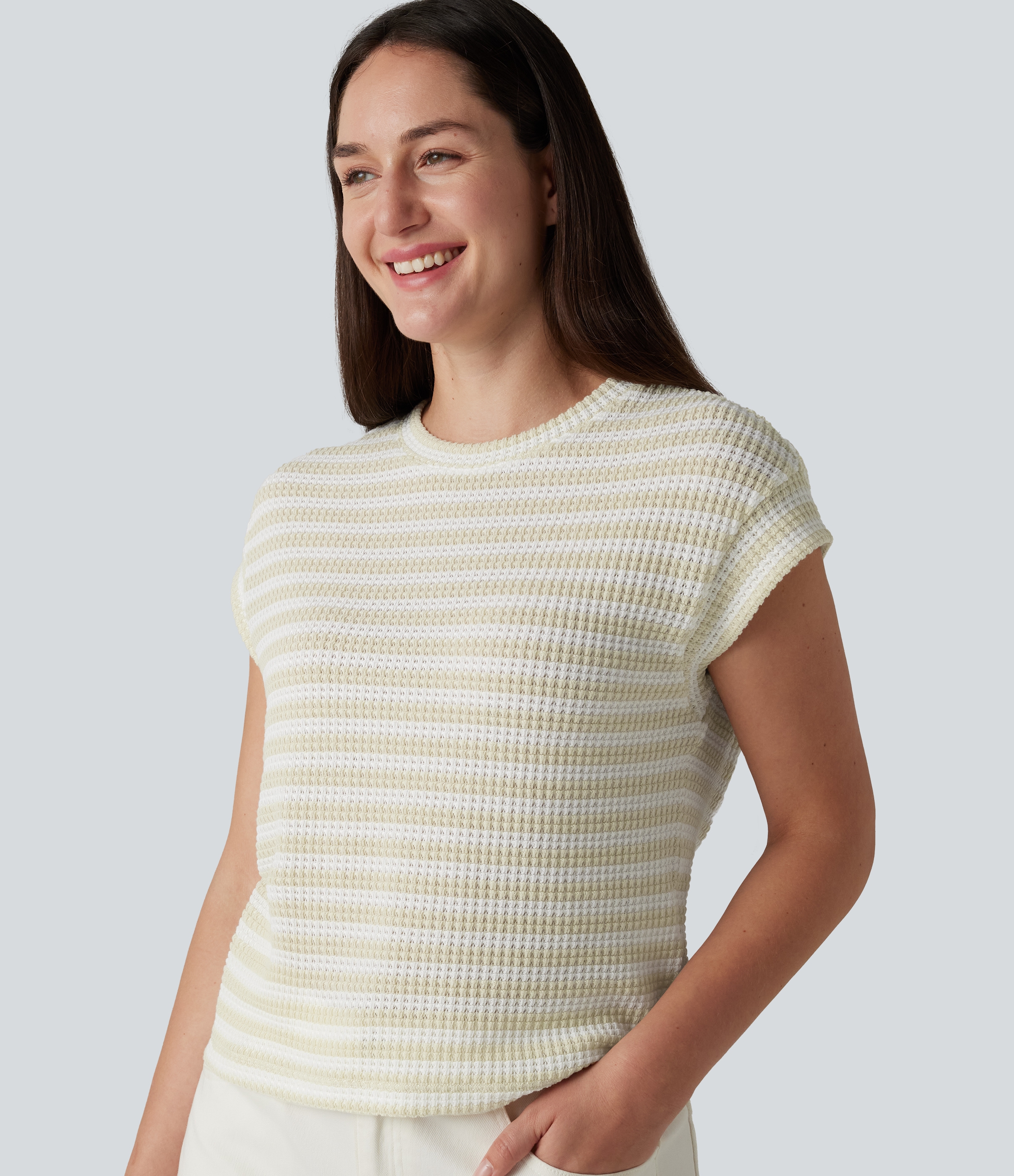 Crew Neck Cap Sleeve Stripe Knitted Casual T-Shirt