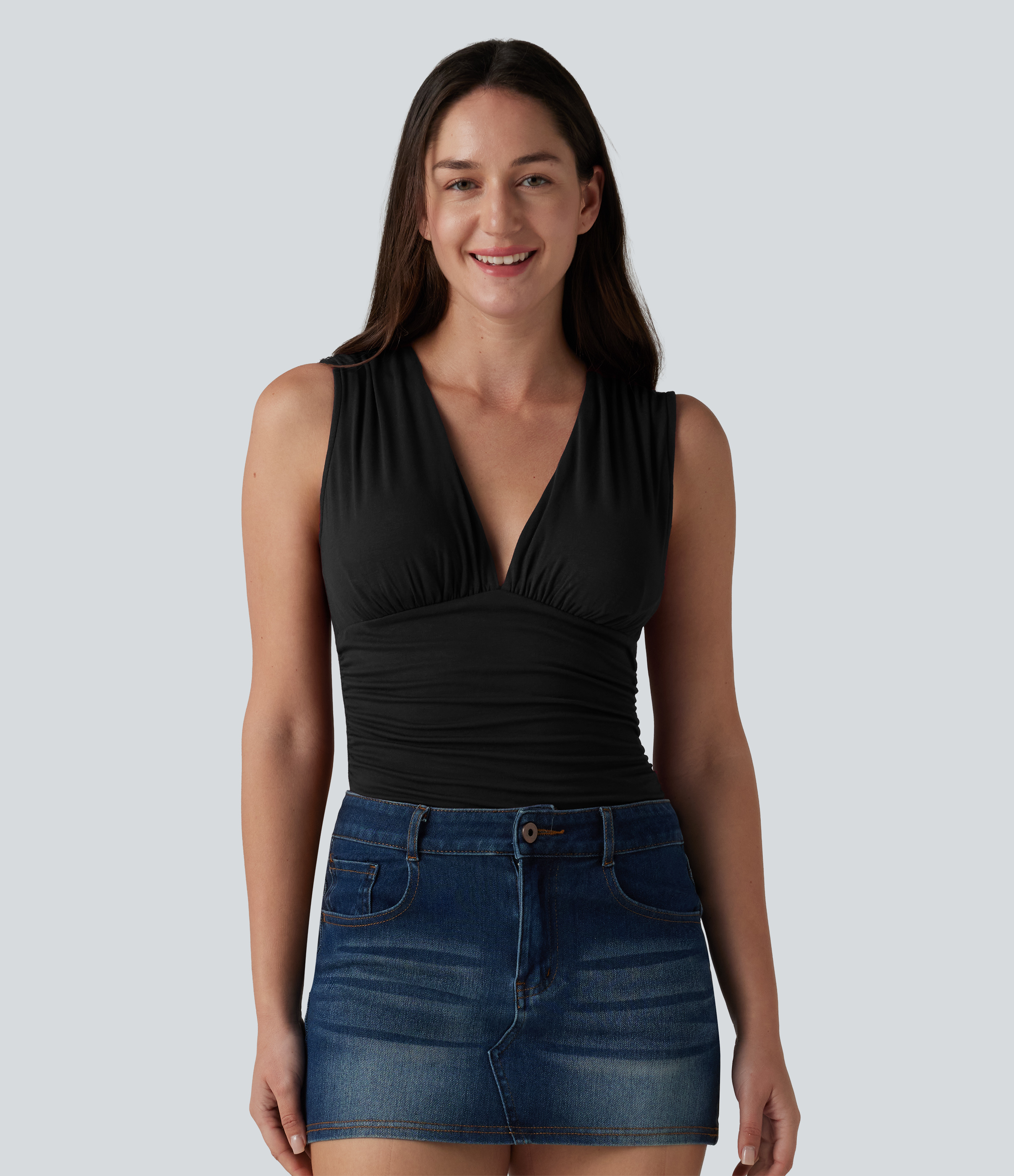 Ribbed V Neck Sleeveless Built-in Bra Ruched Casual Bodysuit